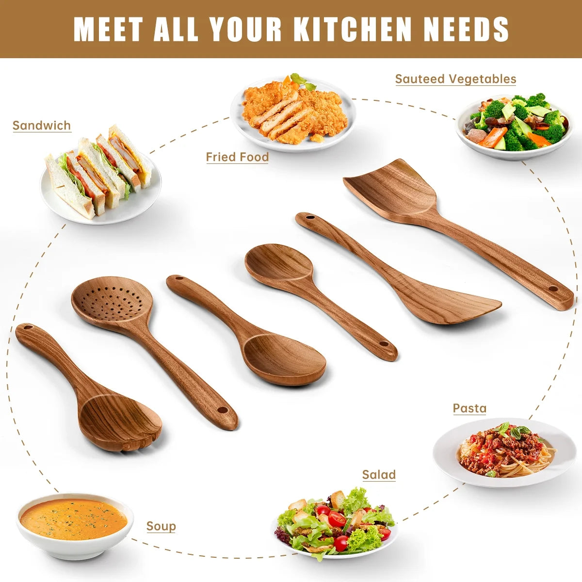 Teak Wood Cooking Utensil Set - 6 Piece Lightweight, Sturdy, and Heat Resistant Wooden Spoons and Spatula for Nonstick Pans and Cookware