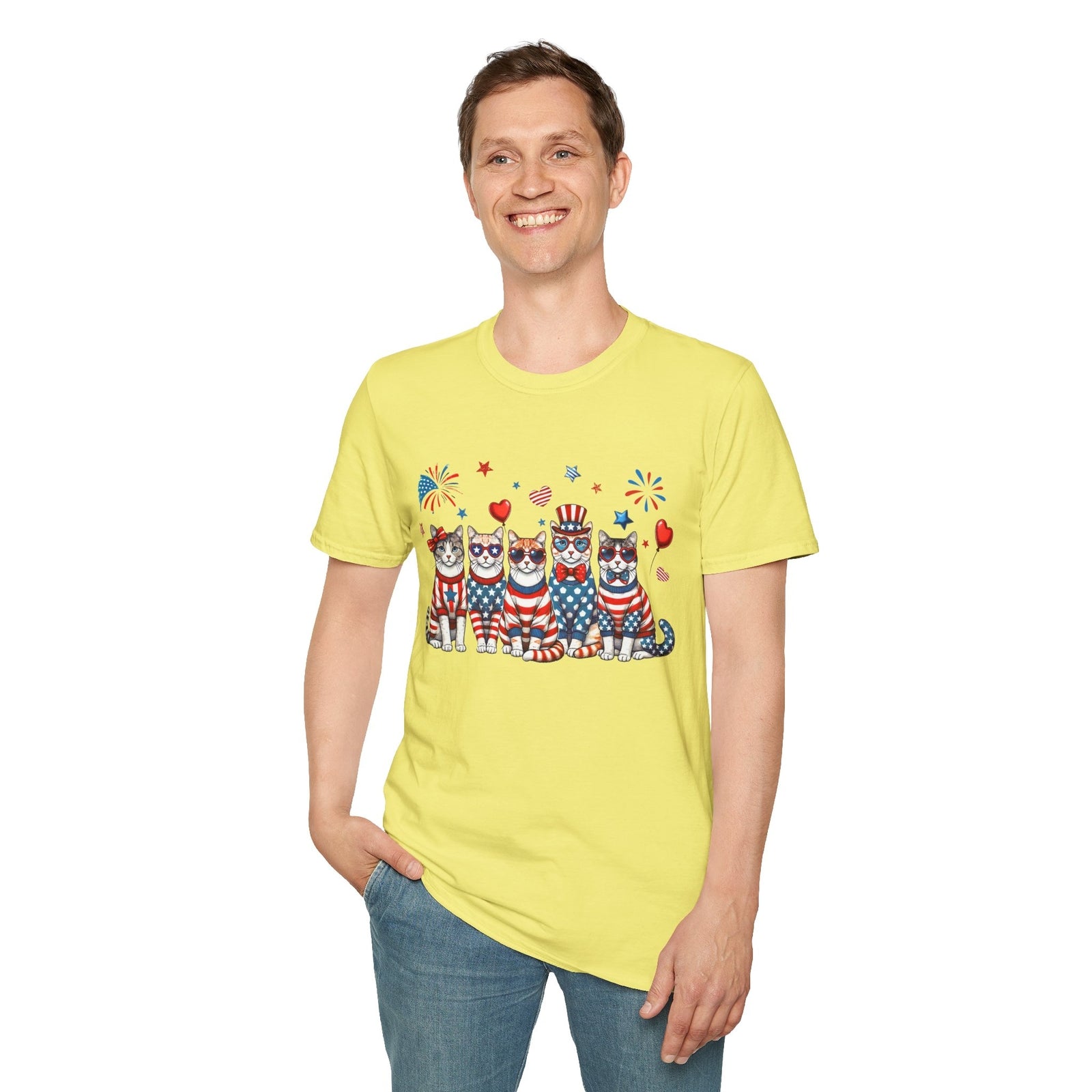 Patriotic Cat Unisex Softstyle T-Shirt for Fourth of July Celebrations