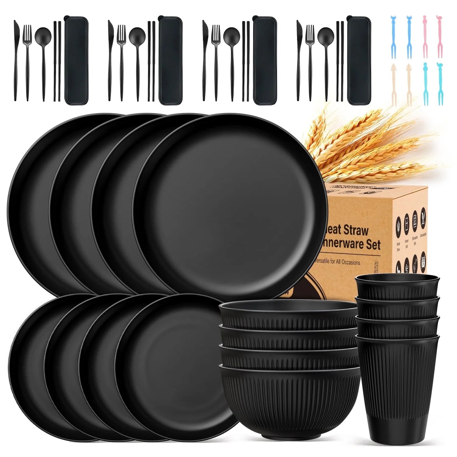 Wheat Straw Dinnerware Set, Service for 4, 48 PCS Unbreakable Plastic Plates and Bowls Sets, Dishwasher Microwave Safe, Black