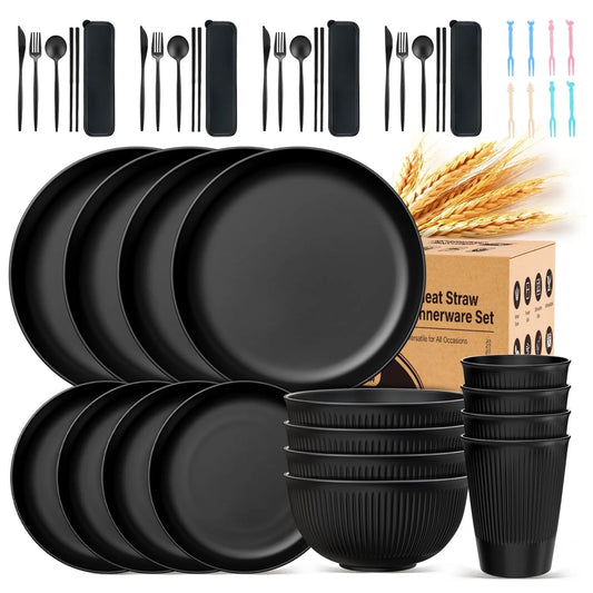 Wheat Straw Dinnerware Set, Service for 4, 48 PCS Unbreakable Plastic Plates and Bowls Sets, Dishwasher Microwave Safe, Black