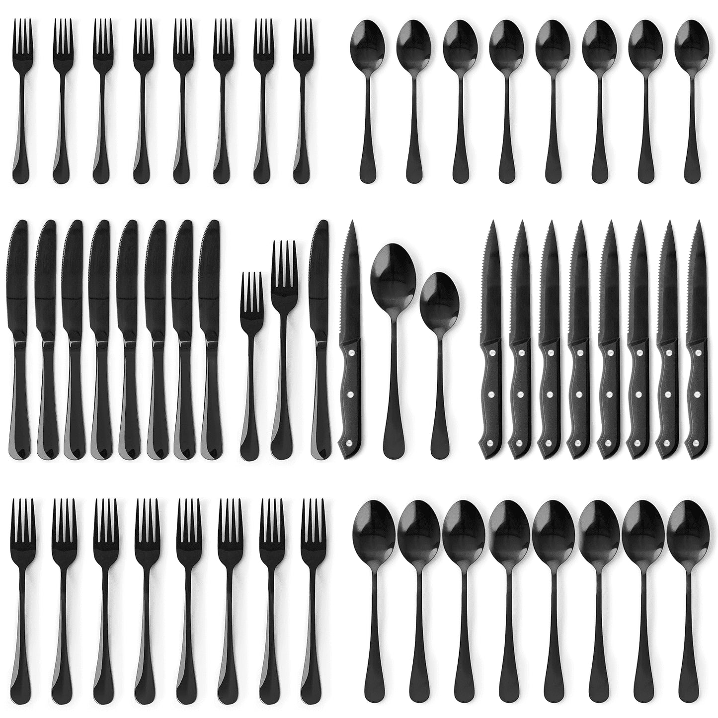 49-Pieces Black Silverware Set with Steak Knives, Black Flatware Set for 8, Food-Grade Stainless Steel Tableware Cutlery Set, Eating Mirror Polished Utensil Set for Home Restaurant