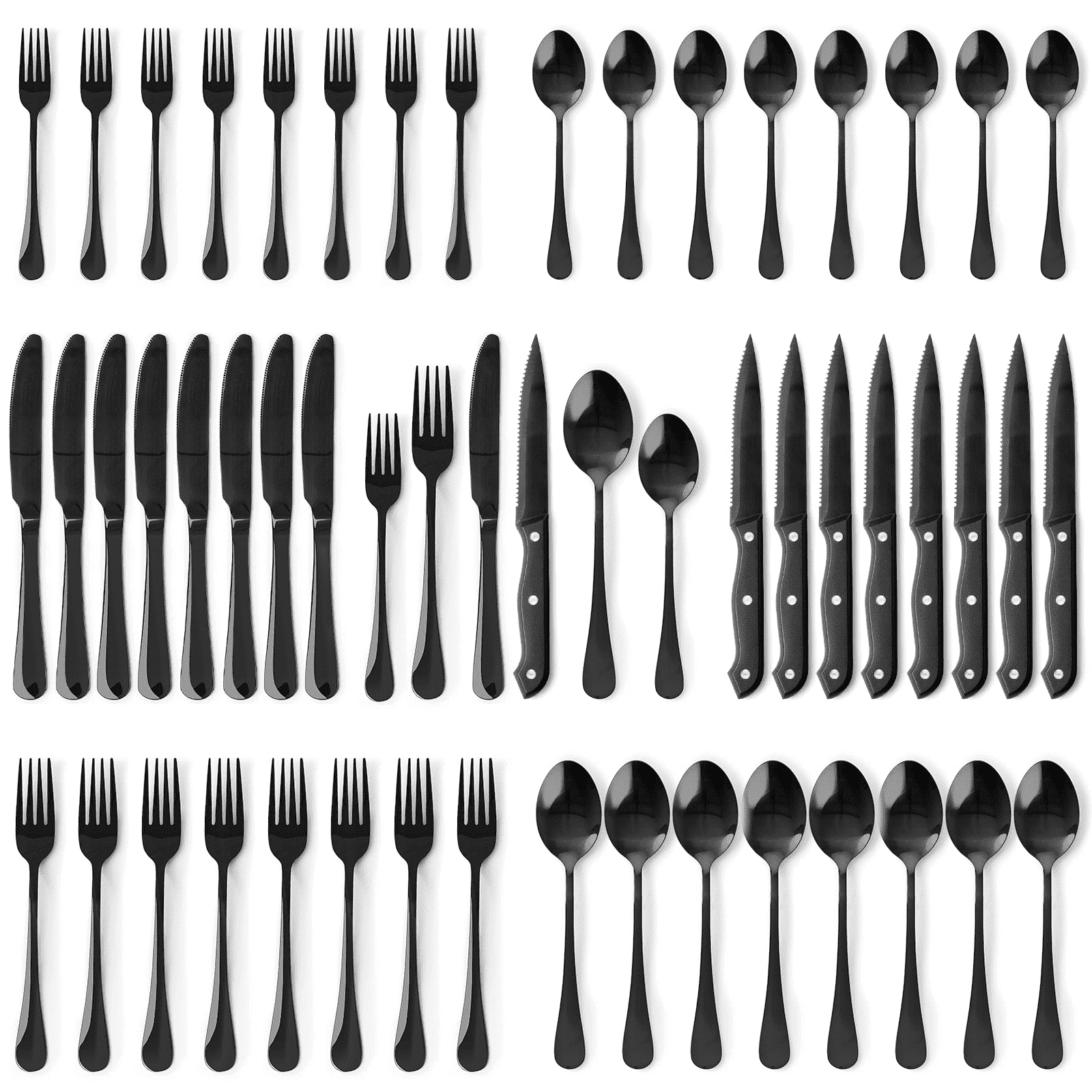 49-Pieces Black Silverware Set with Steak Knives, Black Flatware Set for 8, Food-Grade Stainless Steel Tableware Cutlery Set, Eating Mirror Polished Utensil Set for Home Restaurant