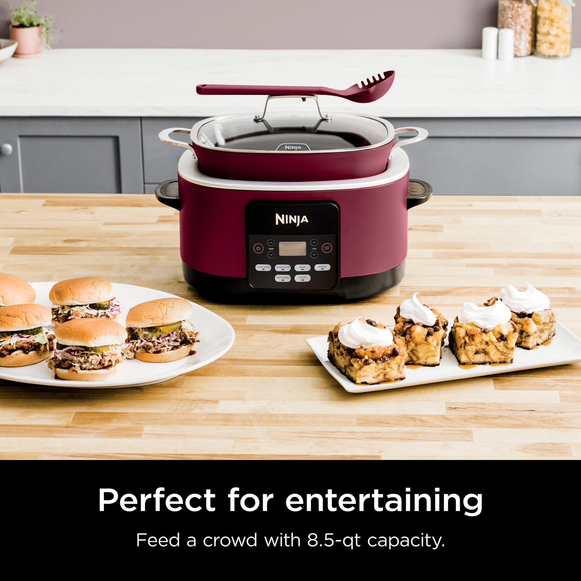 Foodi Possible Cooker, 8.5 Quart, 6-In-1 Multi-Cooker, Slow Cooker, Steamer, Glass Lid Integrated Cooking Utensil, Nonstick, Oven Safe Pot to 500°F, Cherry Tarte, MC1000WM