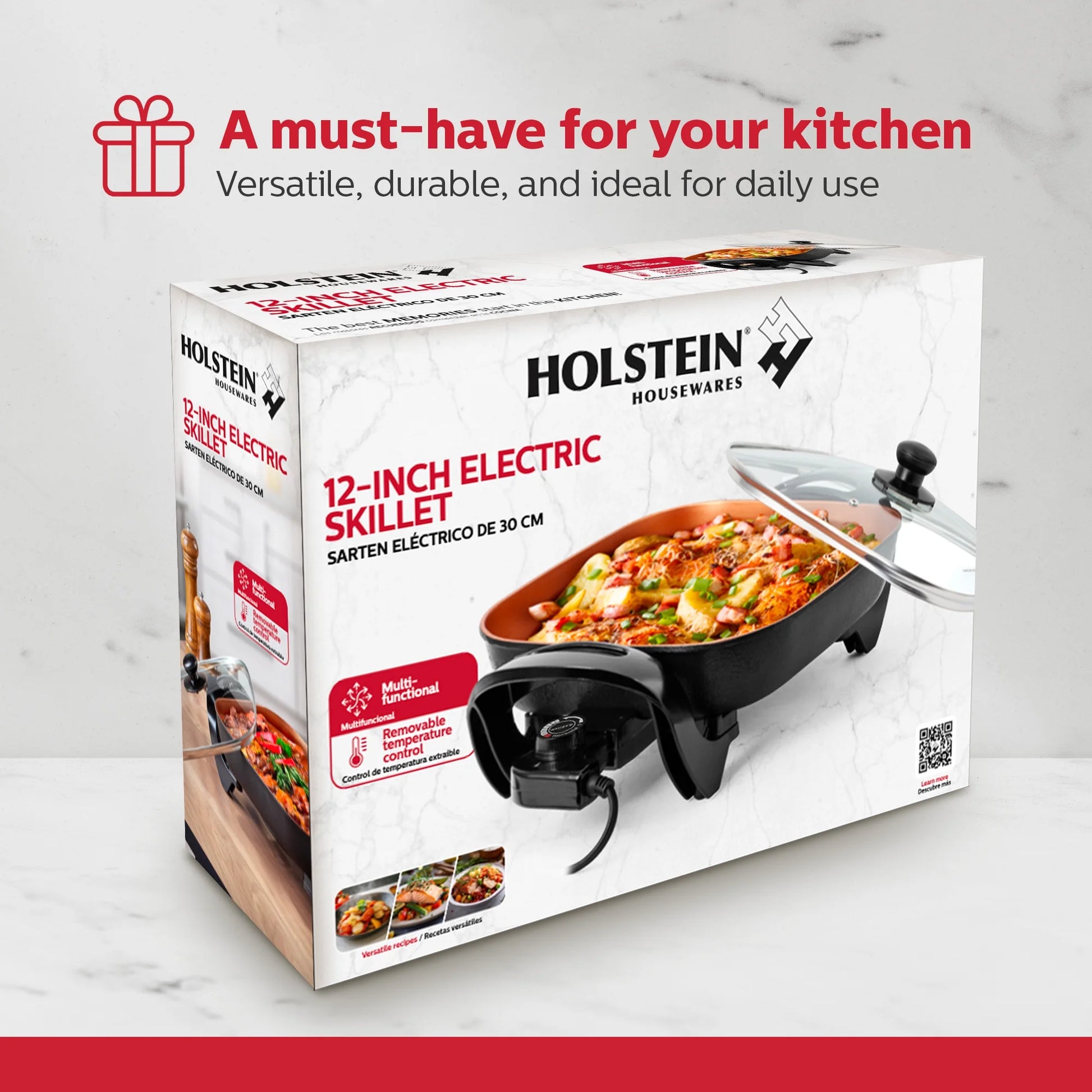 12-Inch Electric Skillet with Non-Stick Coating, Glass Lid, and Removable Probe, Copper and Black