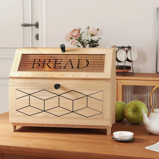 Large Bread Box, Wood 2-Layer Bread Box Storage for Kitchen Counter, with Bar Pattern Windows, Brown