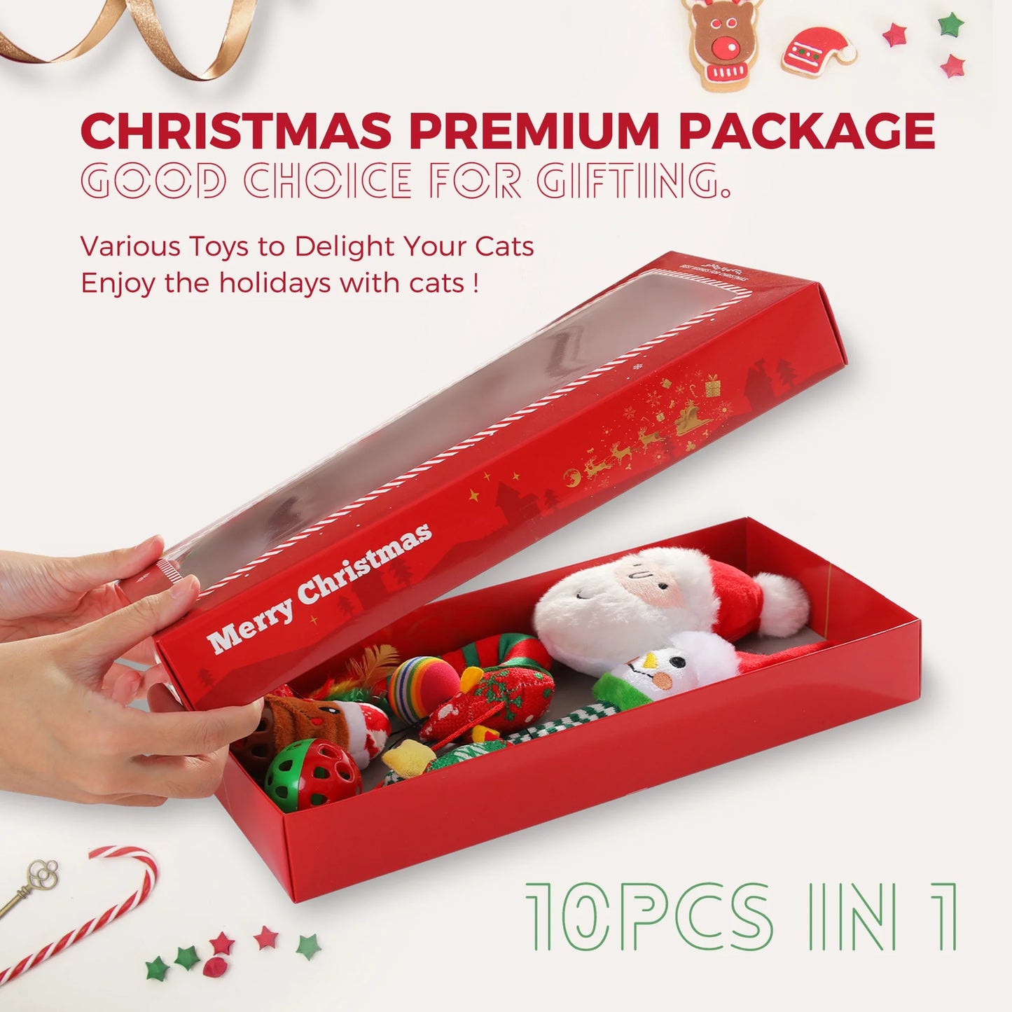 10-Piece Interactive Cat Toy Set Featuring 4 Balls, 2 Catnip Mice, and 2 Teaser Sticks