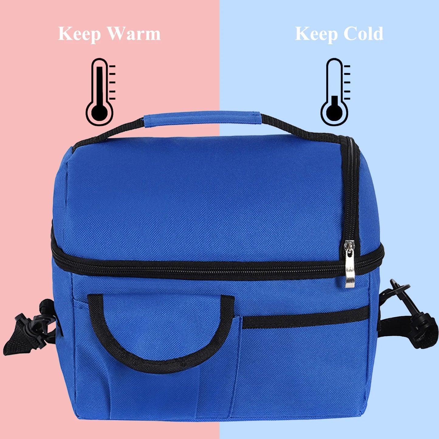 Large Insulated Lunch Bag for Women and Men, Blue Oxford Fabric Dual Compartment Reusable Lunch Box for School Office Work Picnic, Leakproof Cooler Lunch Tote Bag with Adjustable Shoulder Strap