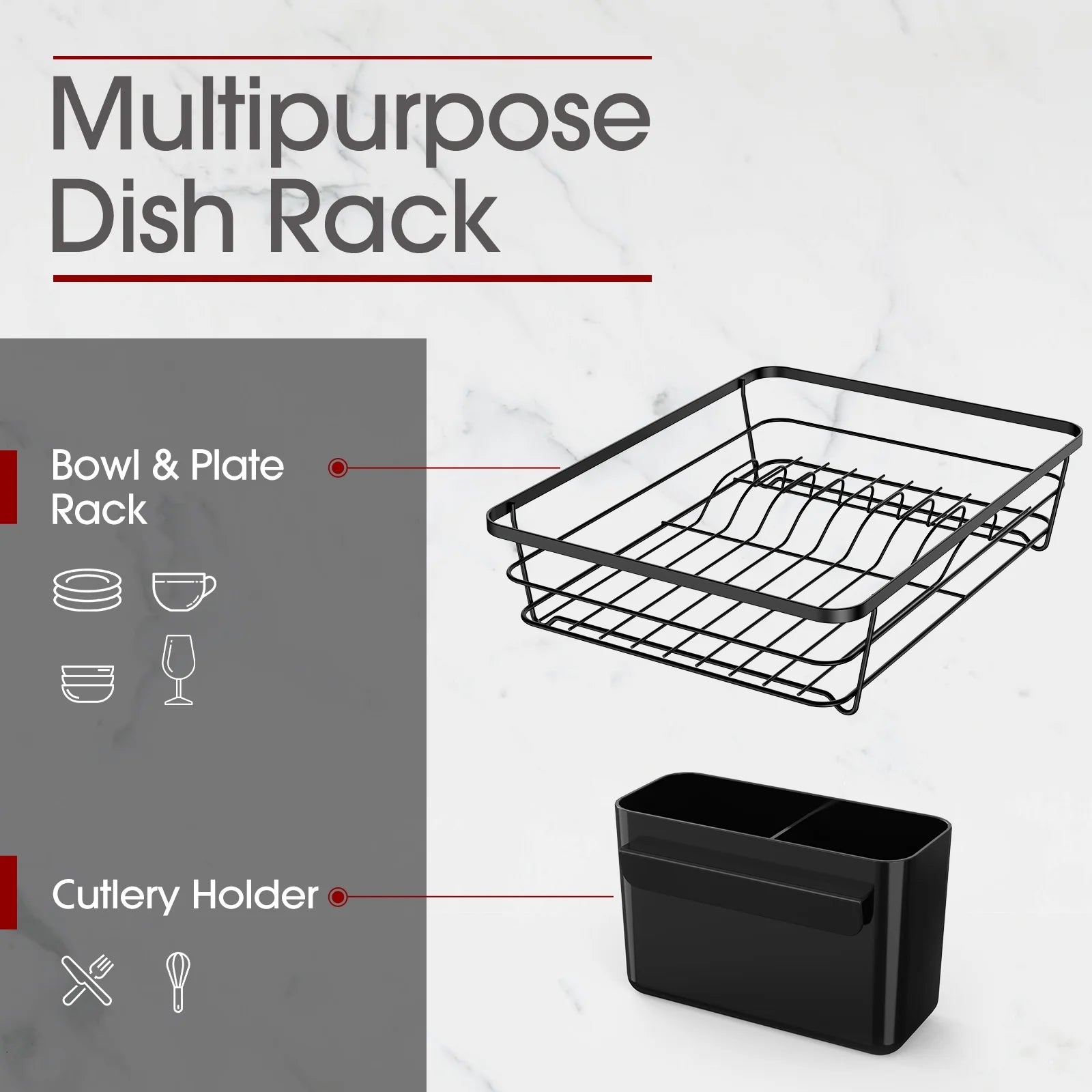 Dish Drying Rack, Compact Dish Racks for Kitchen Counter, Black