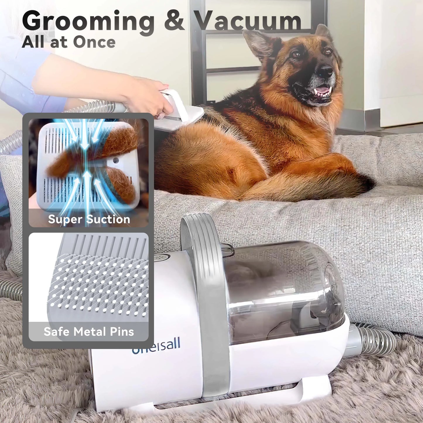 LM3 8-in-1 Dog Grooming Vacuum Kit with 11000Pa Suction Power for Shedding Dogs and Cats - Gray