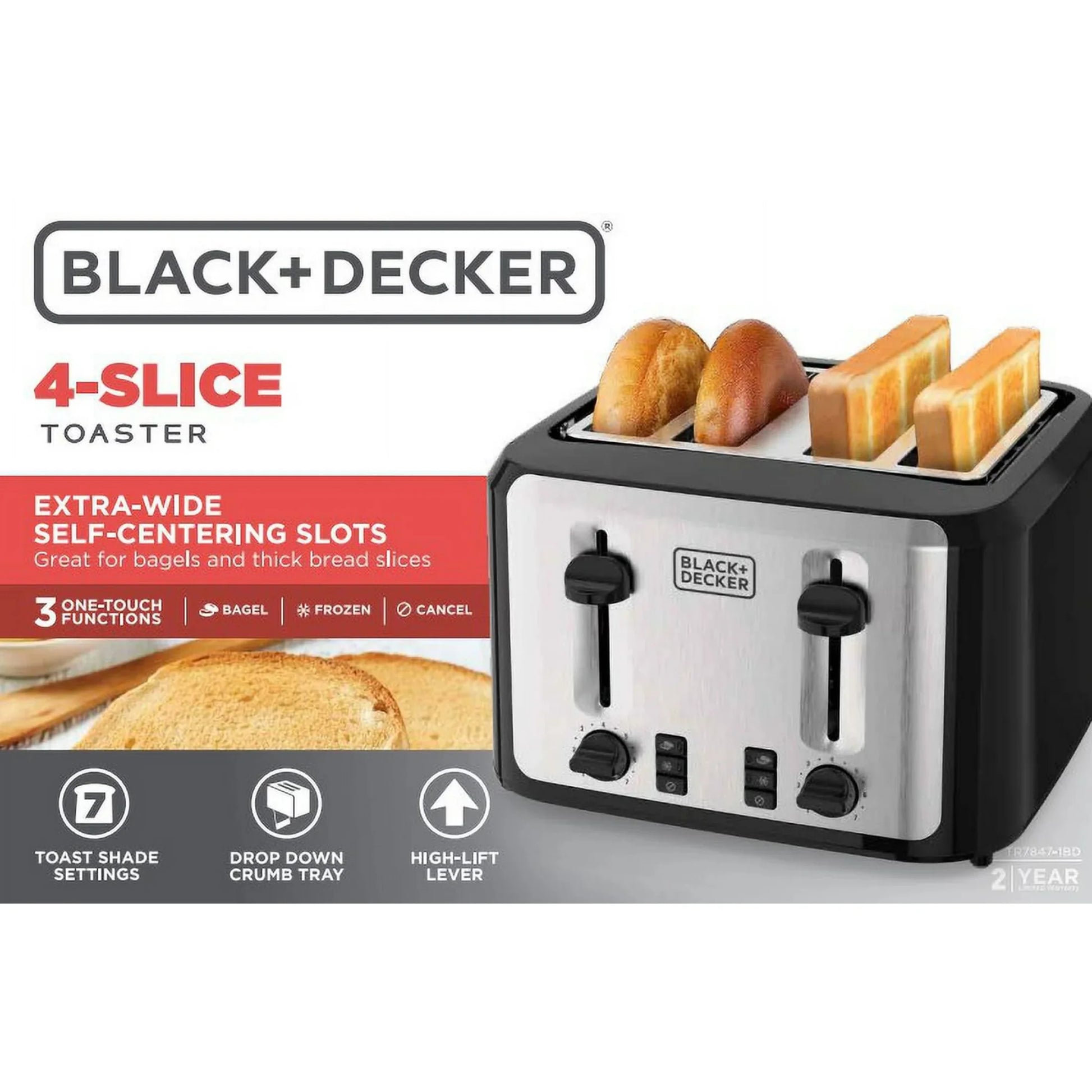 4-Slice Toaster with Extra-Wide Slots and Drop-Down Crumb Tray, Black/Silver