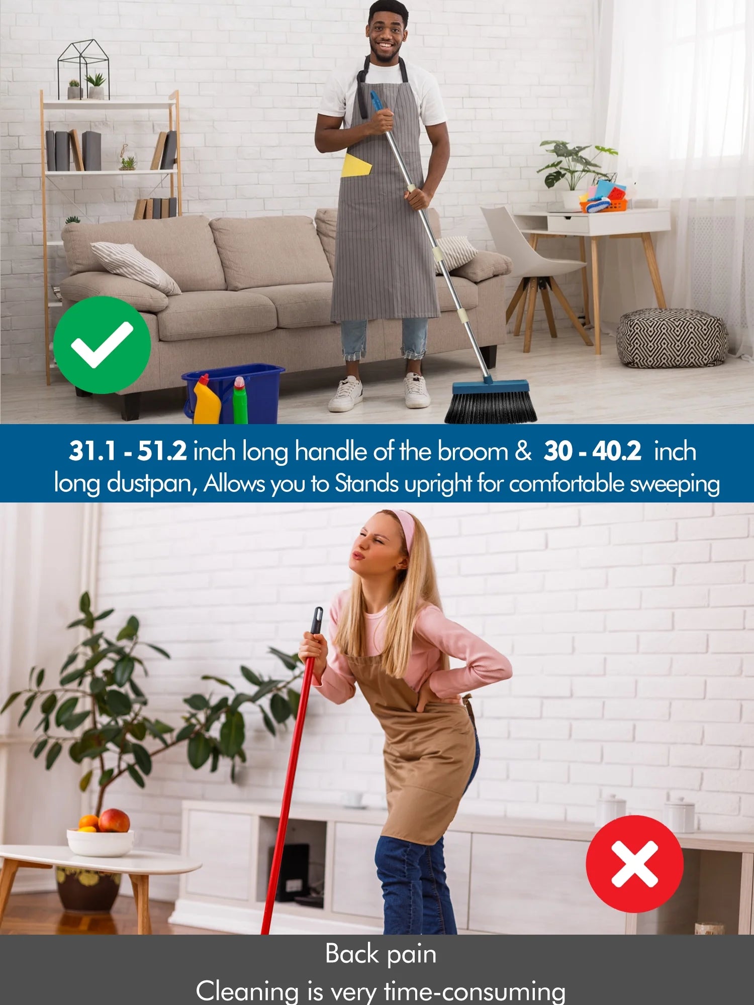 Upgrade Broom and Dustpan Set for Home,Self-Cleaning with Dustpan Teeth,51.2In,Stand Up,Blue