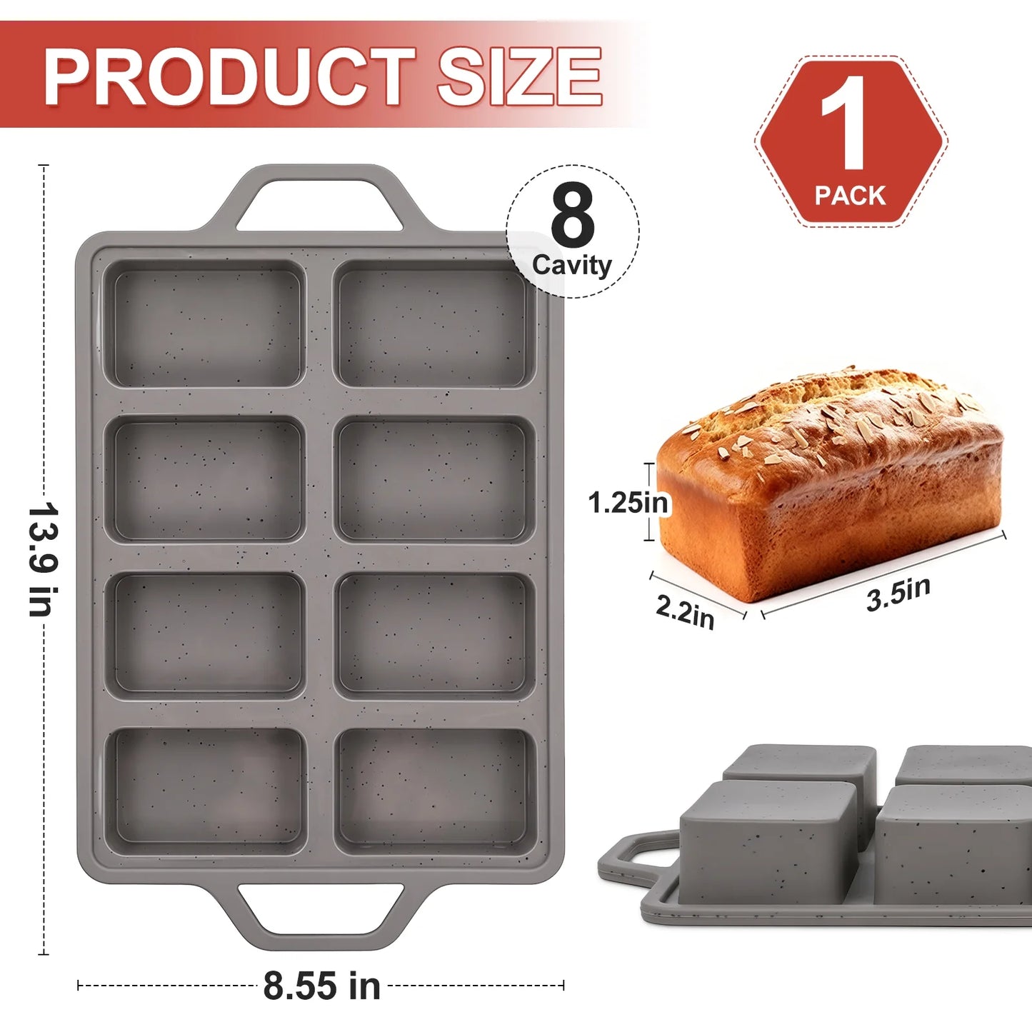 Mini Loaf Pans - Metal Reinforced Silicone Bakeware with 8 Cavities, Nonstick, 1 Pack