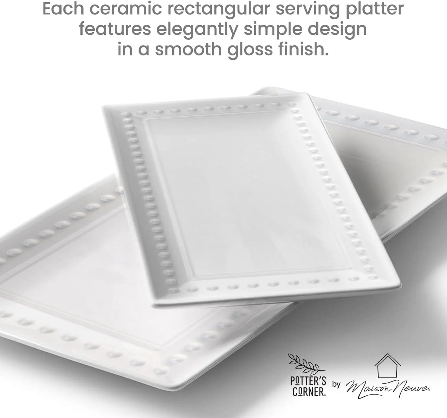 Large White Ceramic Rectangular Serving Platter Set, 2-Pack, 14" and 12"