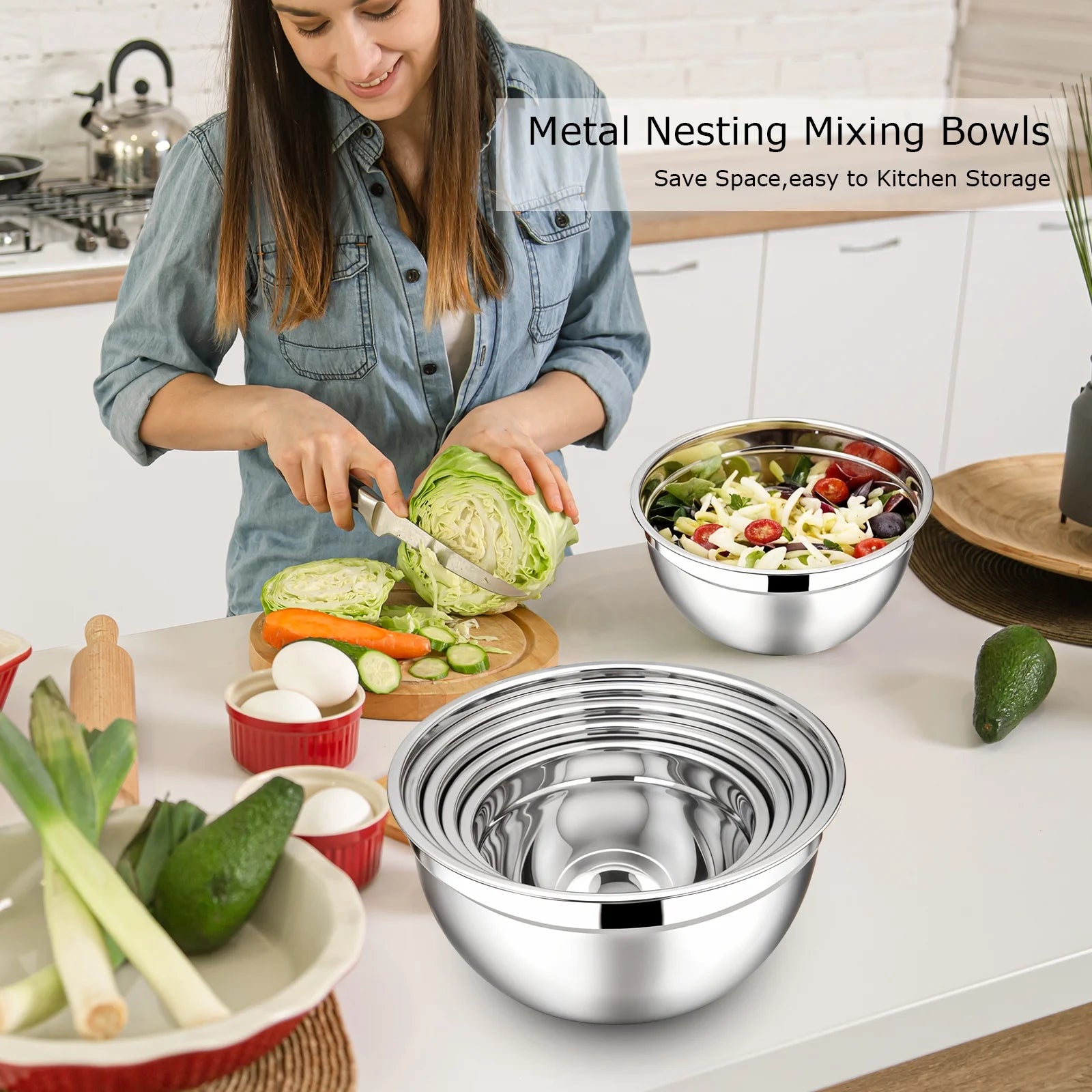 6 Pack Stainless Steel Mixing Bowls Set ,Kitchen Metal Meal Prep Bowls with Lids for Baking,Cooking,Serving