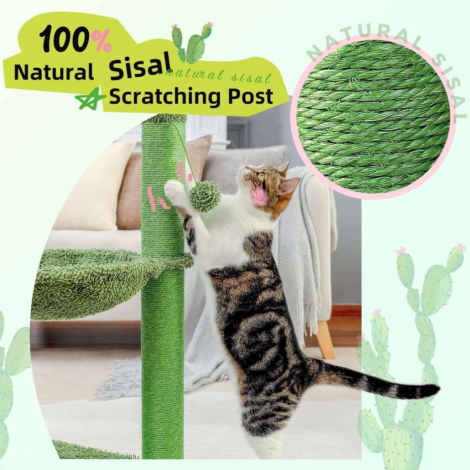 33-Inch Cactus Cat Scratching Post with Spacious Hammock for Indoor Cats - Green