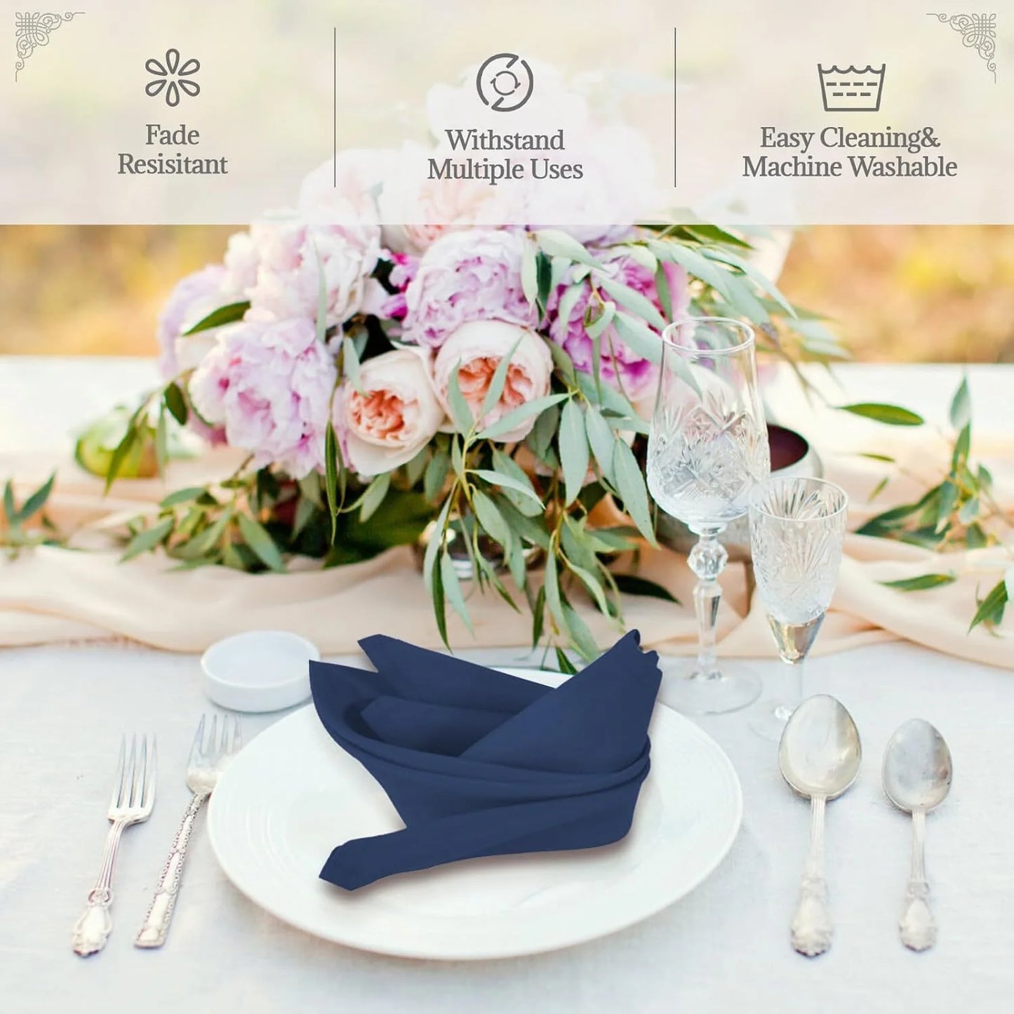 SILOON Navy Blue Heavy Duty Polyester Napkins - 17 X 17 Inch Solid Washable Cloth Dinner Napkins - Set of 12 Napkins - Great for Weddings, Parties, Banquets Dinner & More