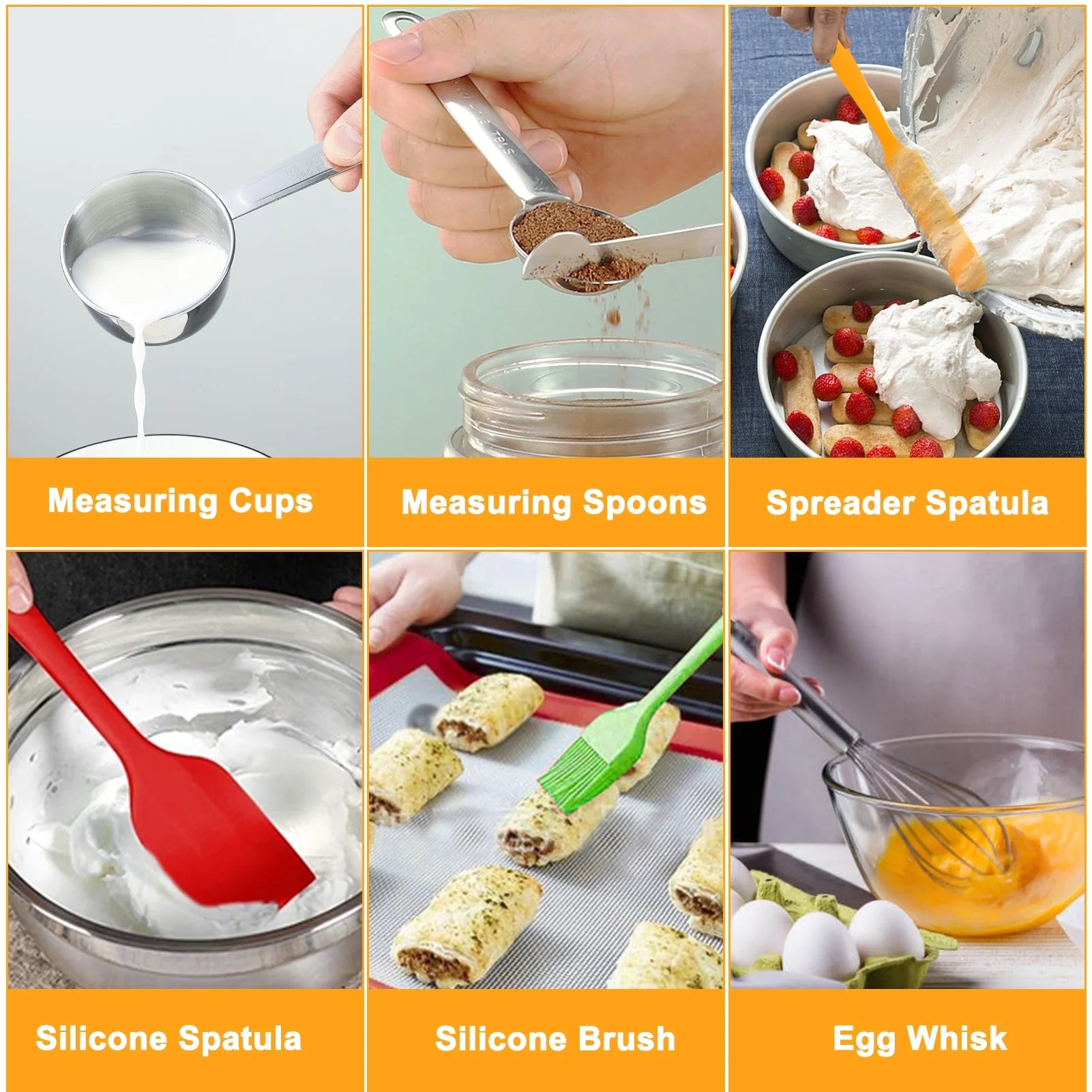 Mixing Bowls with Lids Set, 23 Pcs Kitchen Utensils Stainless Steel Nesting Bowls, Measuring Cups Spoons, 12 Reusable Silicone Stretch Lids Non-Slip Mat Egg Whisk for Baking Cooking by