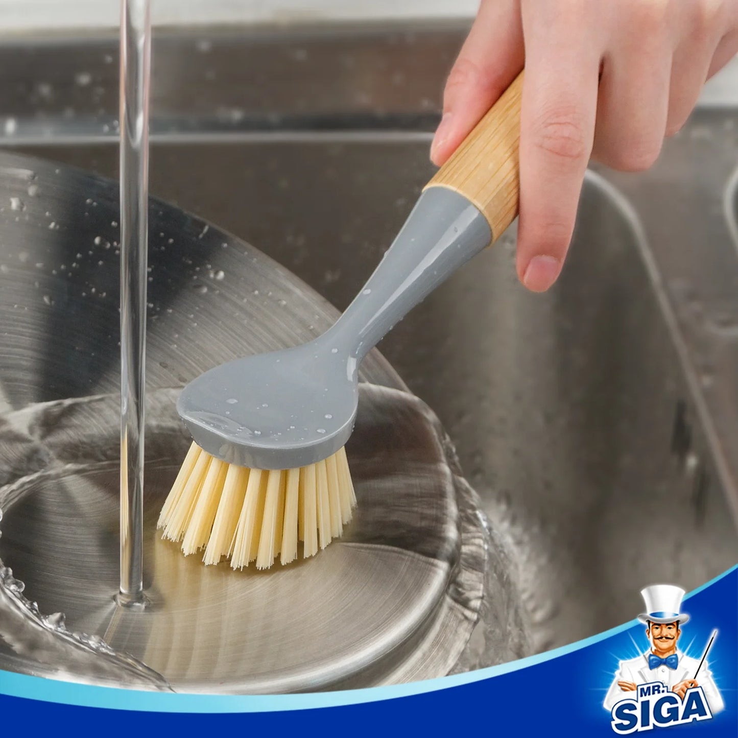 Dish Brush with Bamboo Handle Built-In Scraper, Scrub Brush for Pans, Pots, Kitchen Sink Cleaning, 2 Pack