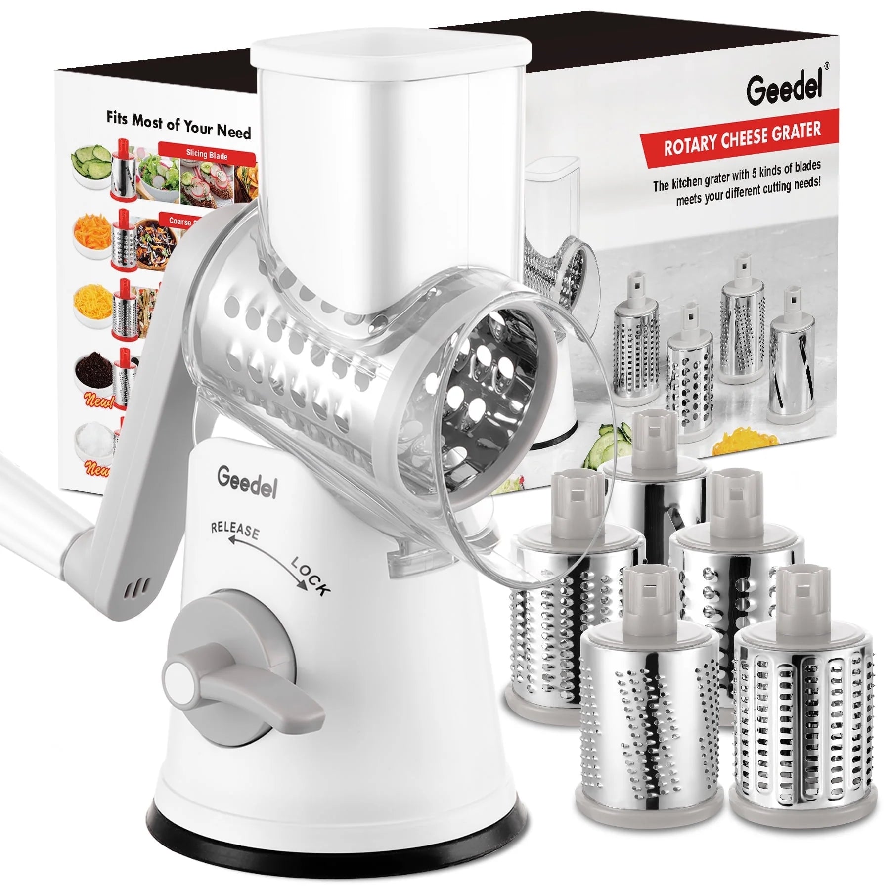 Rotary Cheese Grater, Kitchen Grater Vegetable Slicer with 5 Interchangeable Blades, Powerful Suction, Dishwasher Safe, Easy to Clean Grater for Vegetable, Fruit, Nuts, Gray
