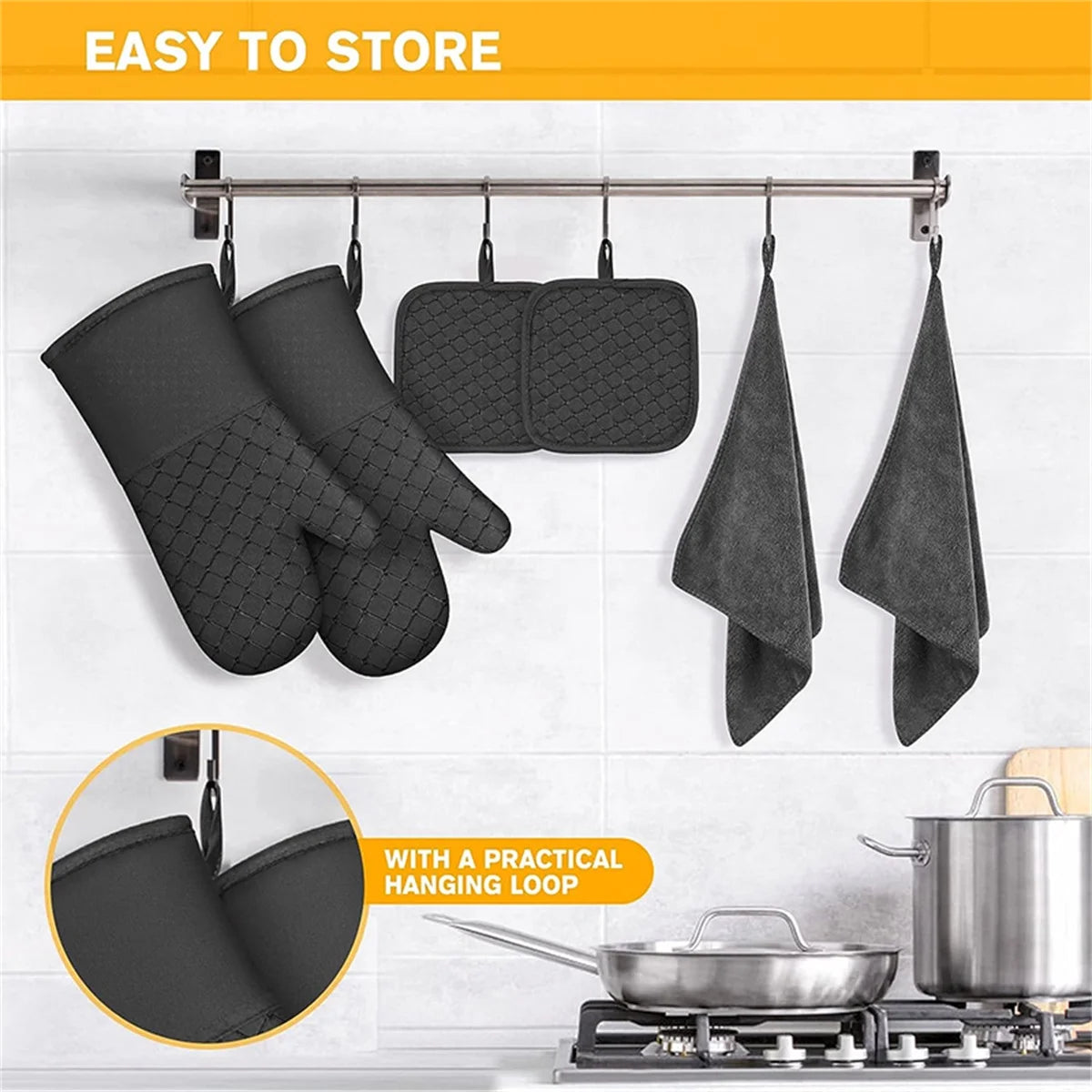 Oven Mitts and Pot Holders Sets, Heat Resistant Kitchen Oven Gloves, Non-Slip Silicone Surface, Extra Long Flexible Thick Mitts for Kitchen , Cooking , Baking , BBQ , Black, 4 Pieces