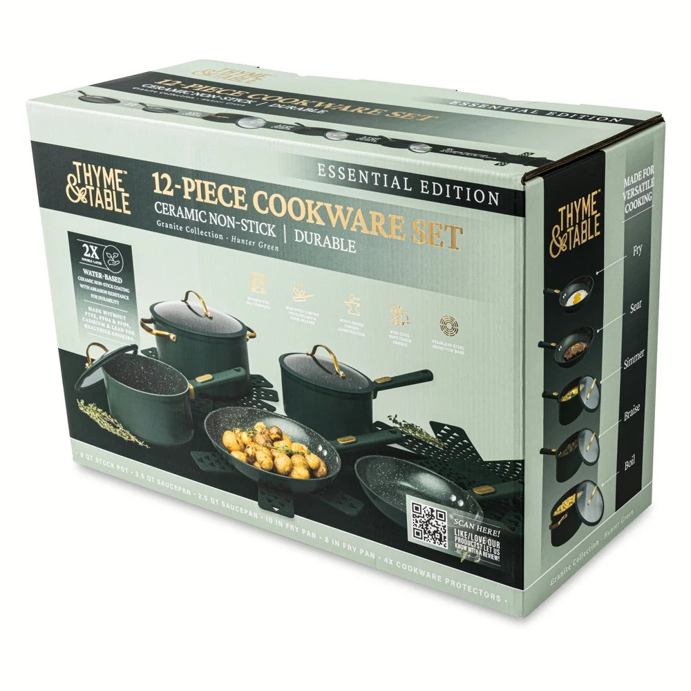 12-Piece Hunter Green Non-Stick Granite Cookware Set