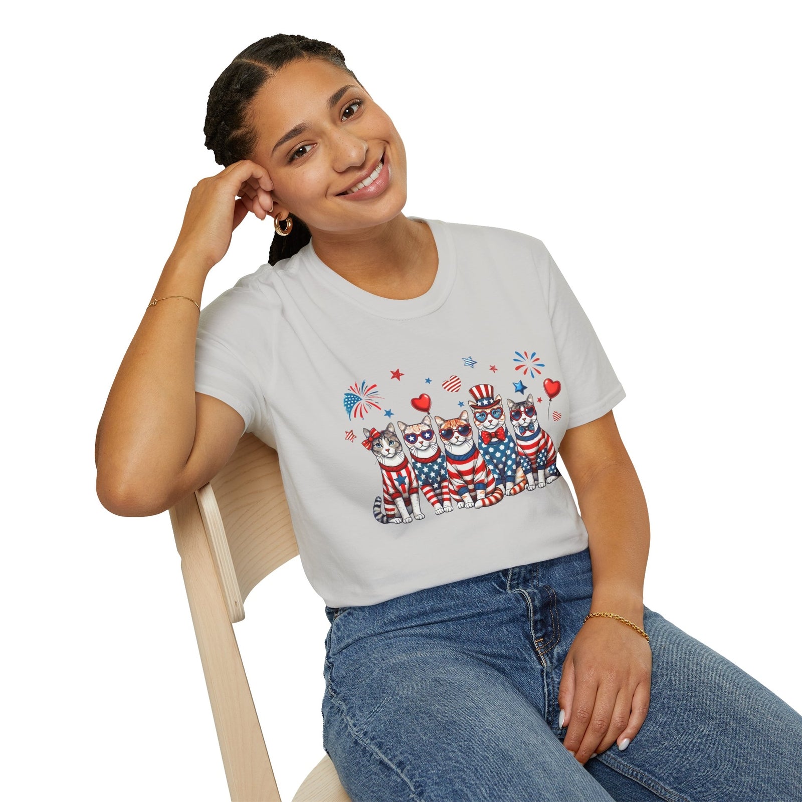Patriotic Cat Unisex Softstyle T-Shirt for Fourth of July Celebrations