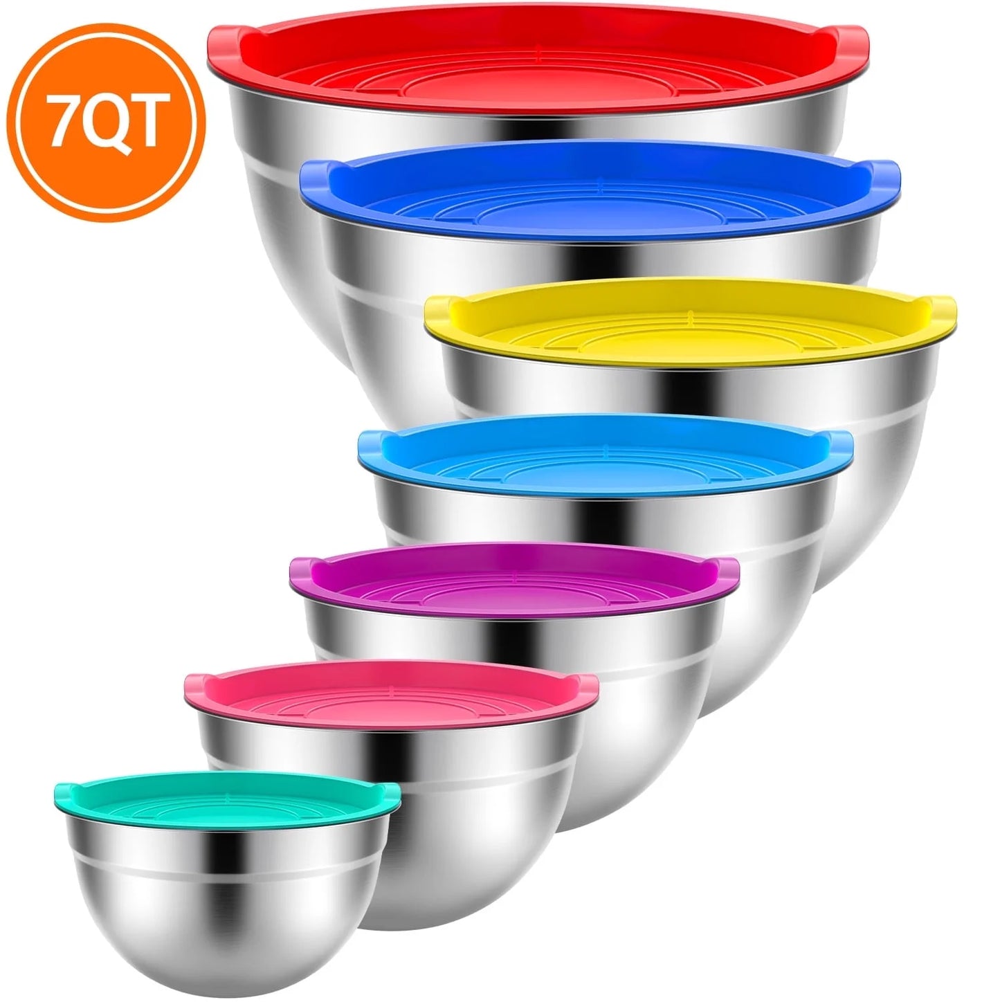 Stainless Steel Mixing Bowls Set with Lids - 7-Piece Nesting Bowls for Kitchen Prep, Baking, and Serving (7QT, 4.5QT, 3QT, 2QT, 1.5QT, 1QT, 0.7QT) - Multicolor