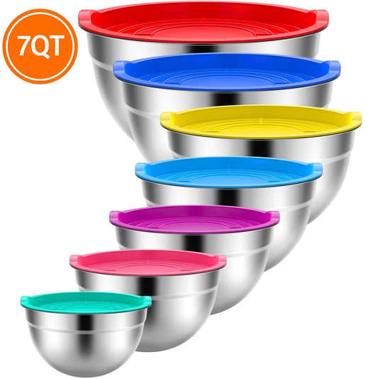 Stainless Steel Mixing Bowls Set with Lids - 7-Piece Nesting Bowls for Kitchen Prep, Baking, and Serving (7QT, 4.5QT, 3QT, 2QT, 1.5QT, 1QT, 0.7QT) - Multicolor