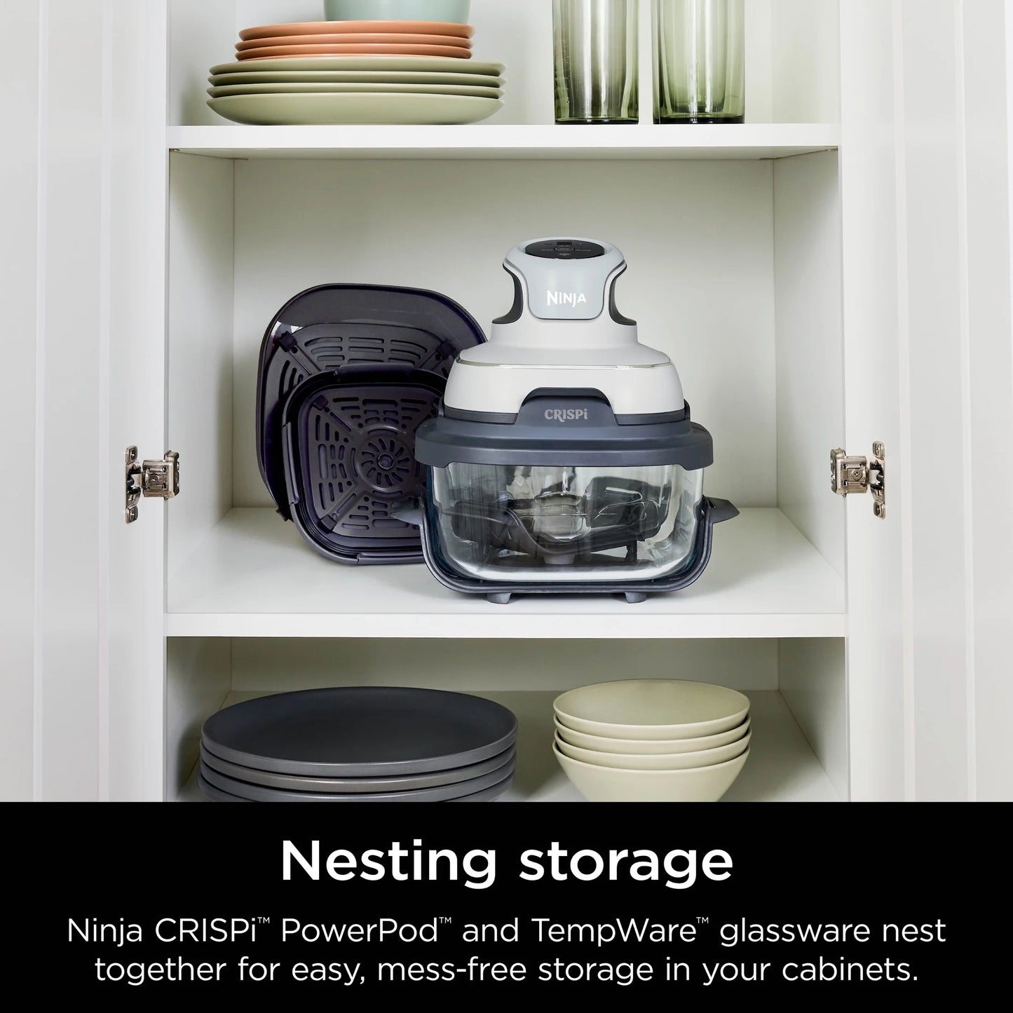 Crispi 3-In-1 Portable Glass Air Fryer Cooking System, 1500W, 4-Qt & 5-Cup Tempware Glass Containers with Storage Lids, Microwave, Freezer & Dishwasher Safe, White, FN100WH