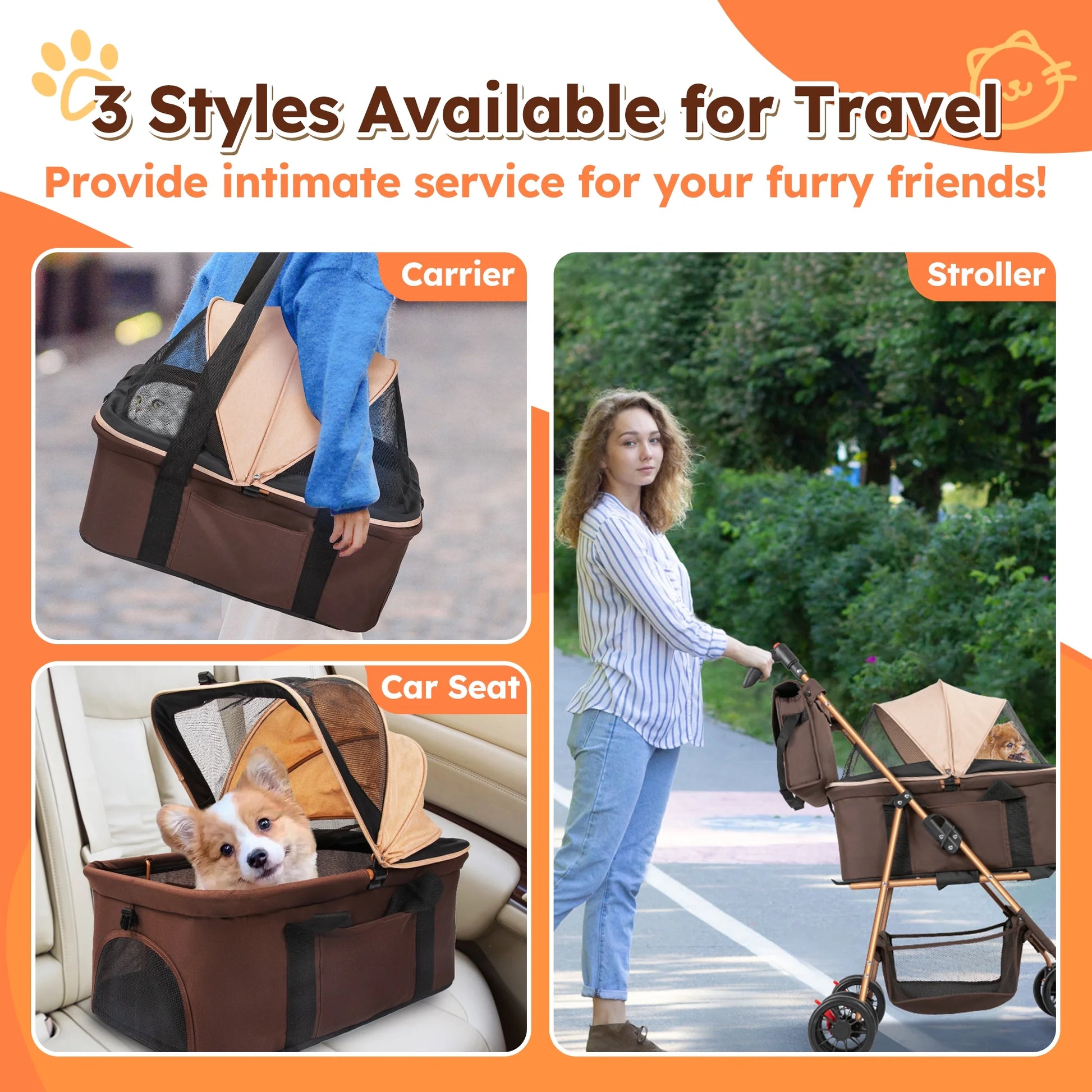 4-Wheel Foldable Pet Stroller 3-in-1 with Waterproof Detachable Travel Carrier for Small to Medium Dogs and Cats up to 60 lbs, Brown