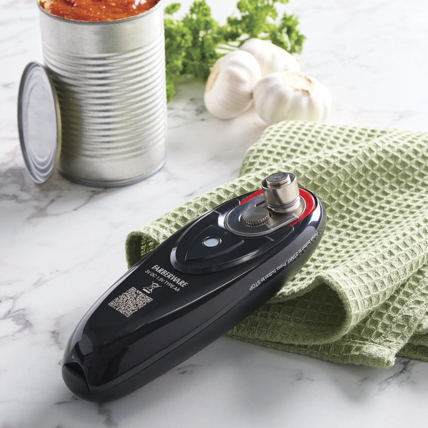 Hands-Free Battery-Operated Black Can Opener in Red