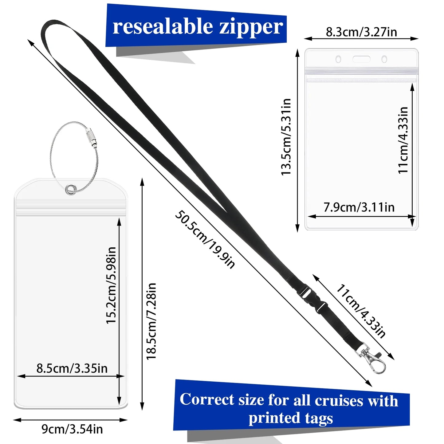 12-Piece Waterproof Cruise Luggage Tag and ID Holder Set with Zip Seal and Steel Loops, Durable PVC Holders Compatible with All Cruise Lines