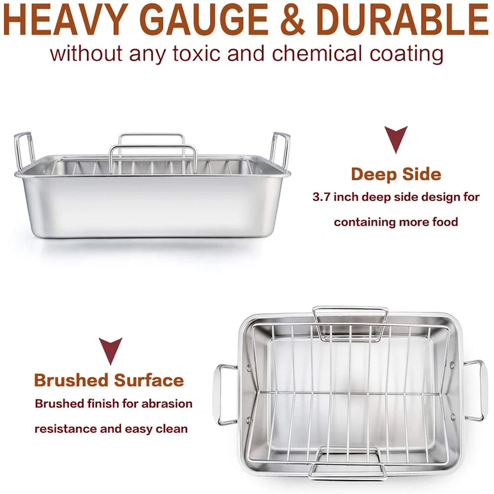 Roasting Pan,  14 Inch Stainless Steel Turkey Roaster with Rack, Include Deep Lasagna Pan & V-Shaped Rack & Roasting Rack, Non-Toxic & Heavy Duty, Dishwasher Safe