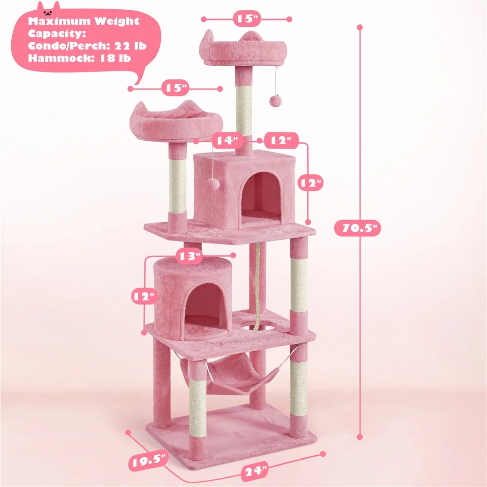 70.5" Multi-Level Cat Tree with Two Condos and Two Foam-Padded Perches in Pink