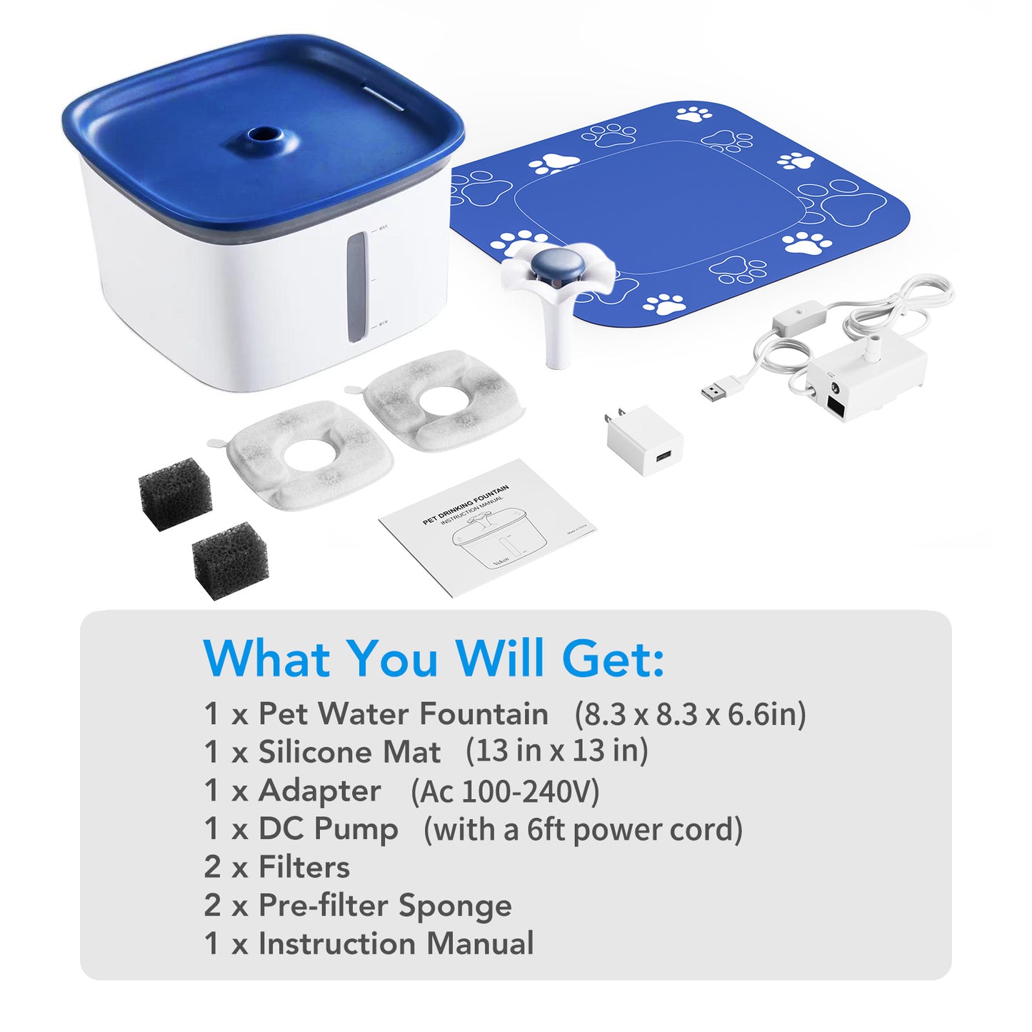 2.8L Automatic Pet Water Fountain with Anti-Slip Mat and Replacement Filters - White & Blue