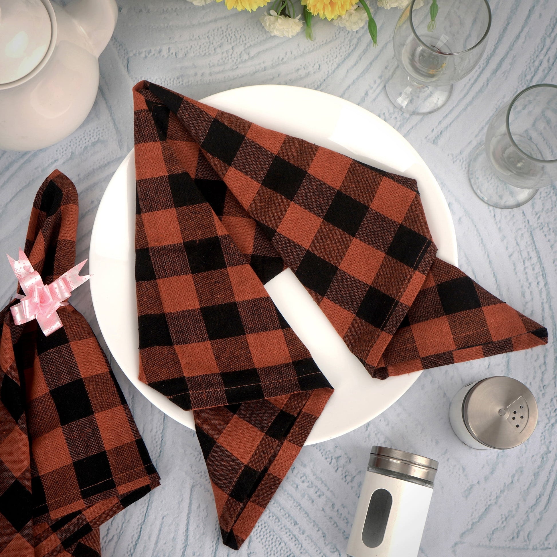 Dinner Cloth Napkins, Everyday Use, Soft and Well Absorbent Cotton Buffalo Plaid Table Napkins, 12 Pack, 20X20 Rust and Black