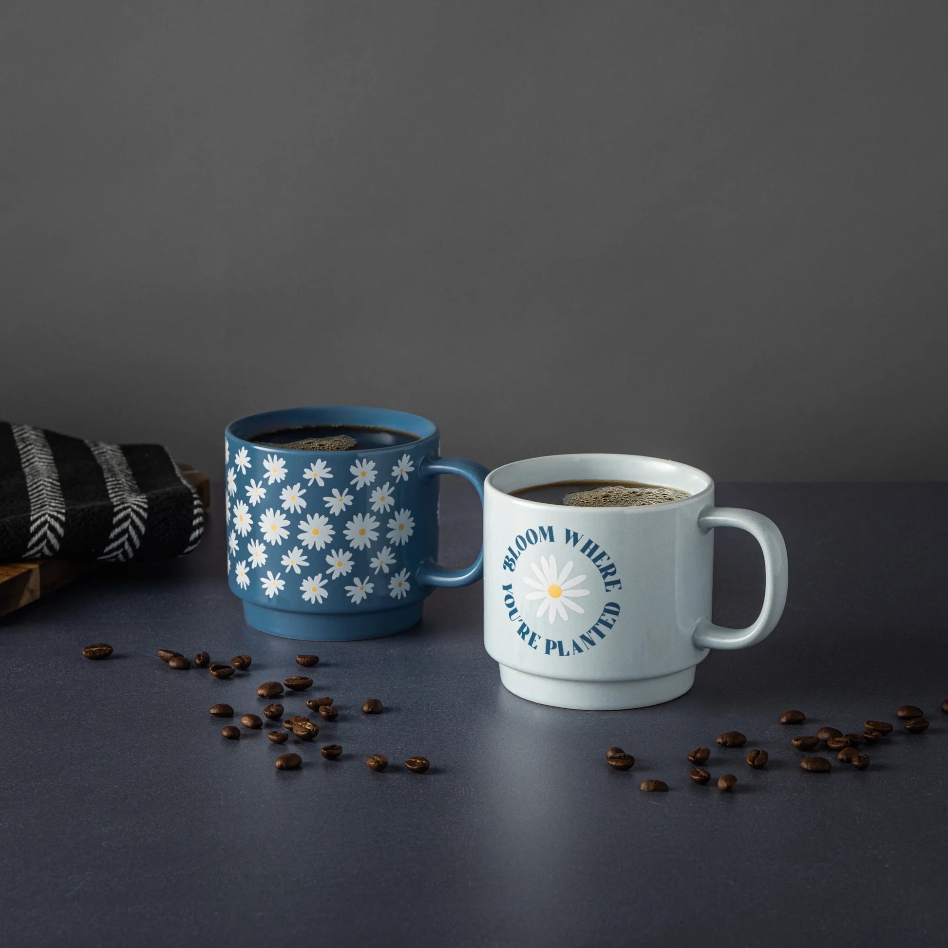 Set of 2 Stacking Stoneware Mugs - Daisy Bloom and Where Planted Designs, 14.2 Fl Oz