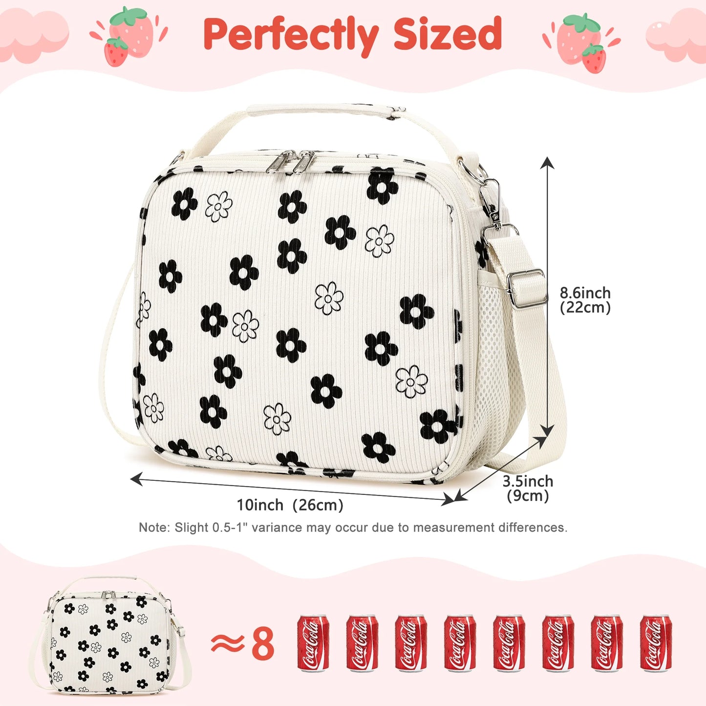 Black & White Floral Corduroy Lunch Bag - Handheld or Shoulder Carry Insulated Lunch Box