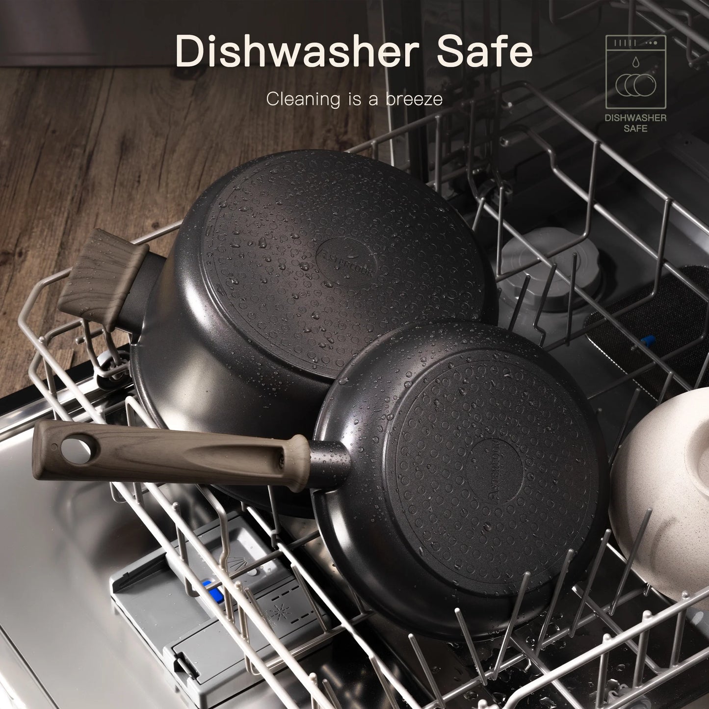 18-Piece Pots and Pans Set, Nonstick Cookware Set with Elegant Wooden Handle, Oven Safe to 480°F, Induction Compatible, Kitchen Cooking Set for RV Trips, Camping and Picnic, Black