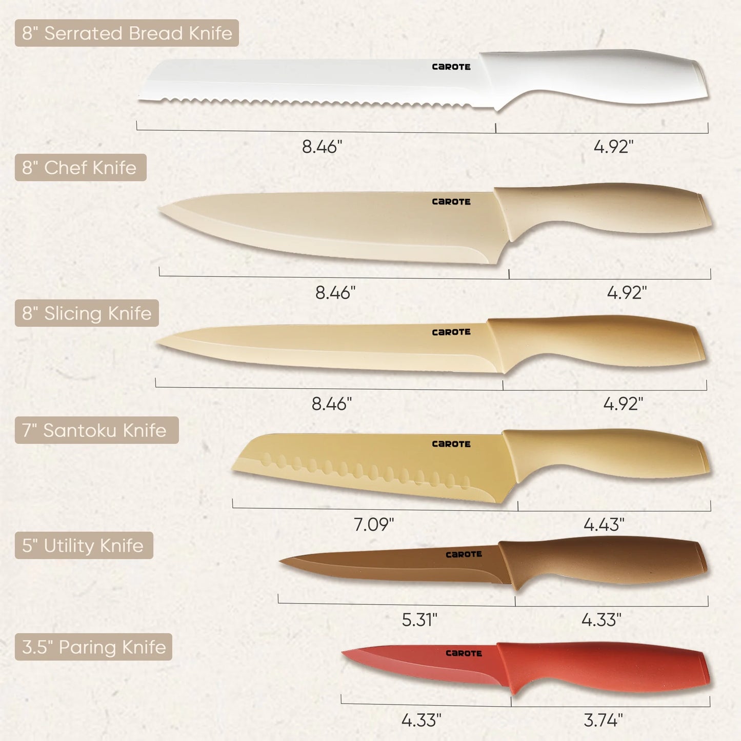 12-Piece Stainless Steel Kitchen Knife Set with Nonstick Ceramic Coating in Taupe