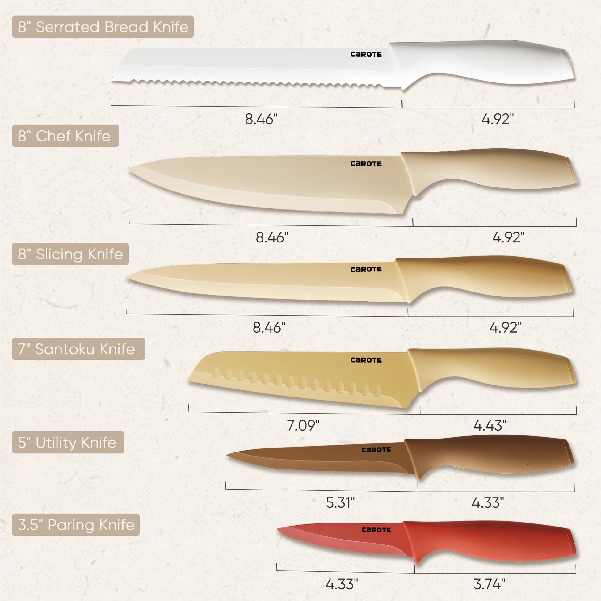 12-Piece Stainless Steel Kitchen Knife Set with Nonstick Ceramic Coating in Taupe