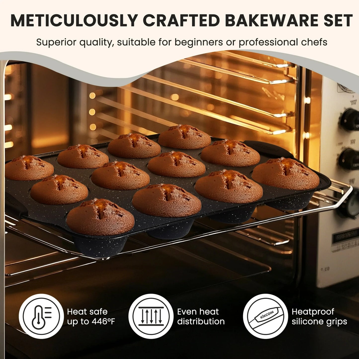 Nonstick Bakeware Set, 21-Piece Durable Carbon Steel Baking Pans with Silicone Handles, Cookie Sheets (Black)