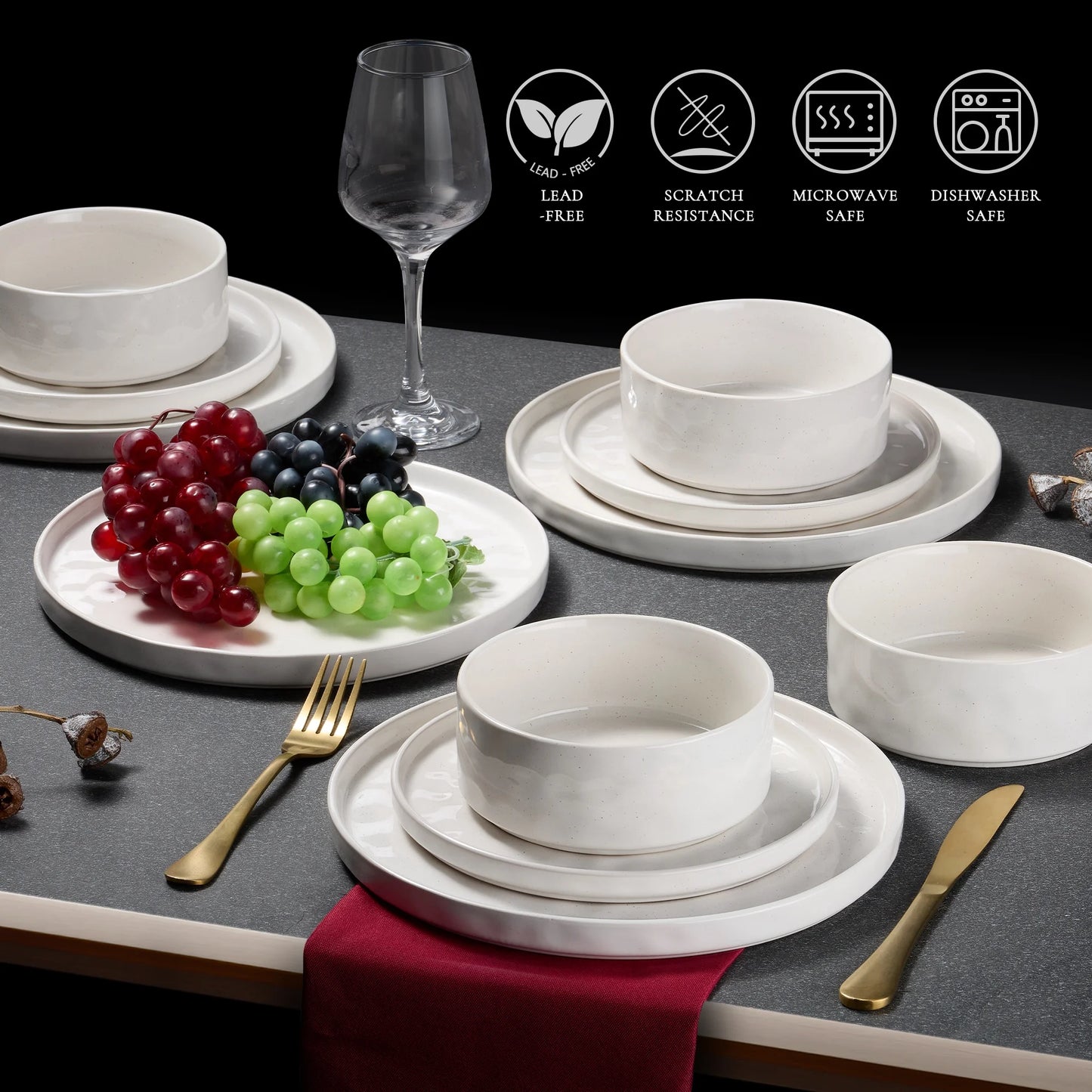 12-Piece Stoneware Dinnerware Set for Four, Elegant Speckled White Ceramic Plates and Bowls for Home and Restaurant Use