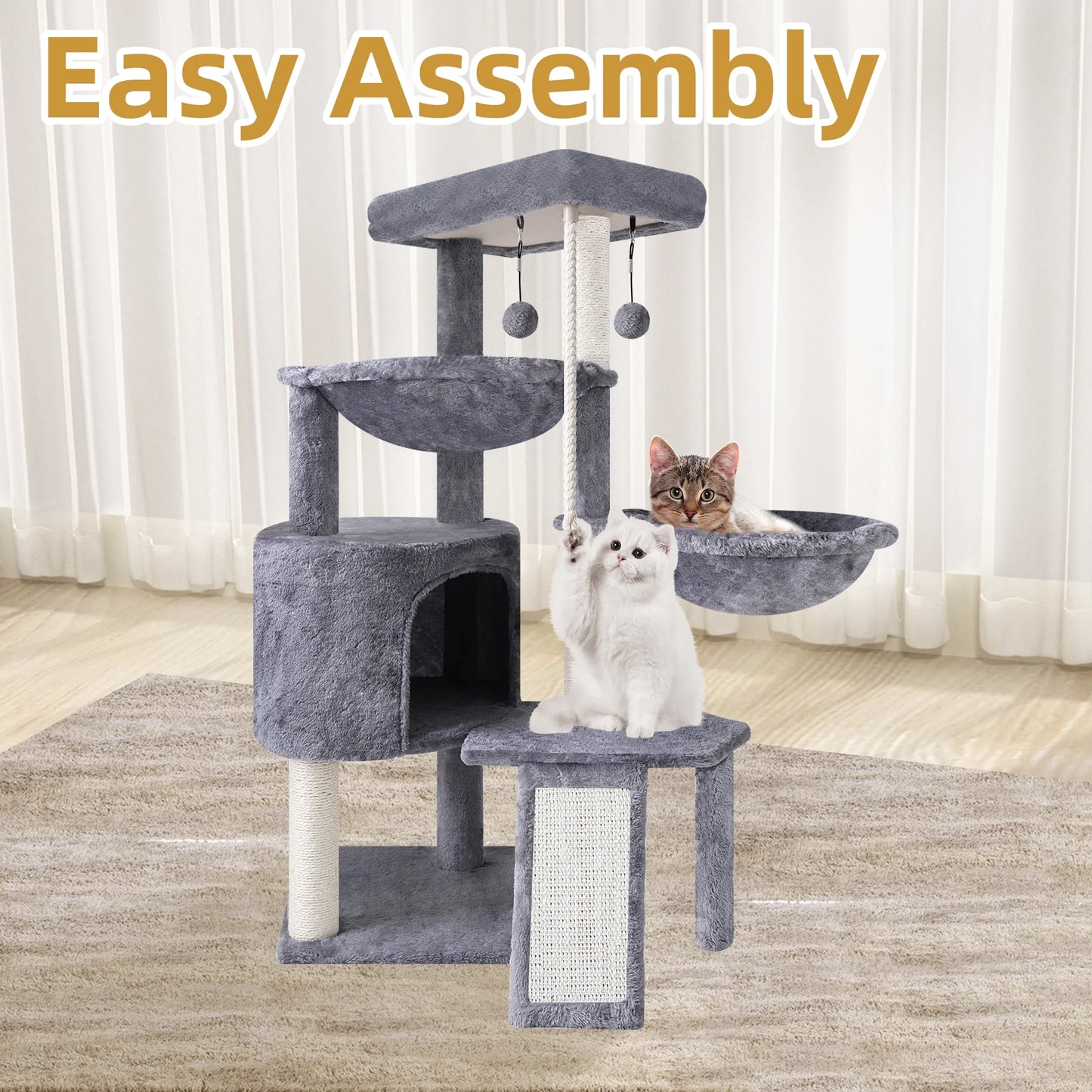 37.4-Inch Cat Tree Tower with Scratching Posts, Activity Center, Cat Condo, and Dual Hammocks in Grey