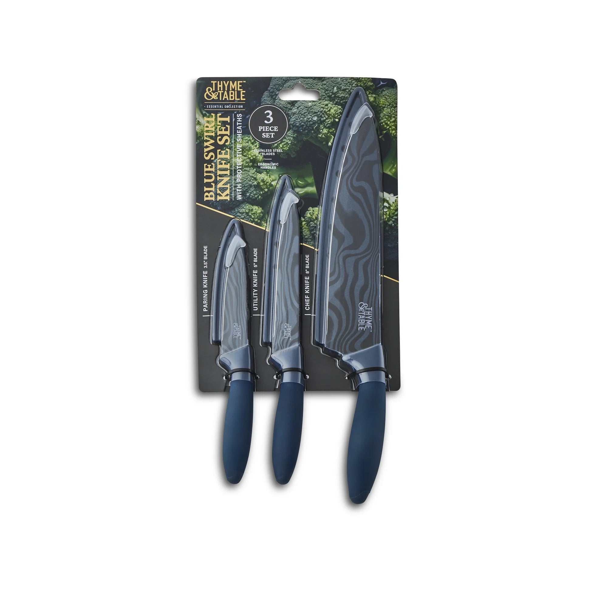 3-Piece Stainless Steel Blue Swirl Knife Set with Protective Sheaths