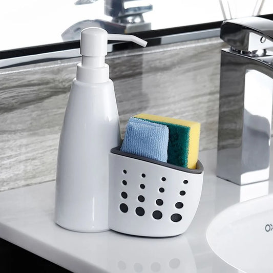 Ludlz Modern Kitchen Sink Countertop Liquid Hand Soap Dispenser Pump Bottle with Storage Compartments - 2 in 1 Refillable Liquid Detergent Bottle Dispenser Storage Box Sponge Holder
