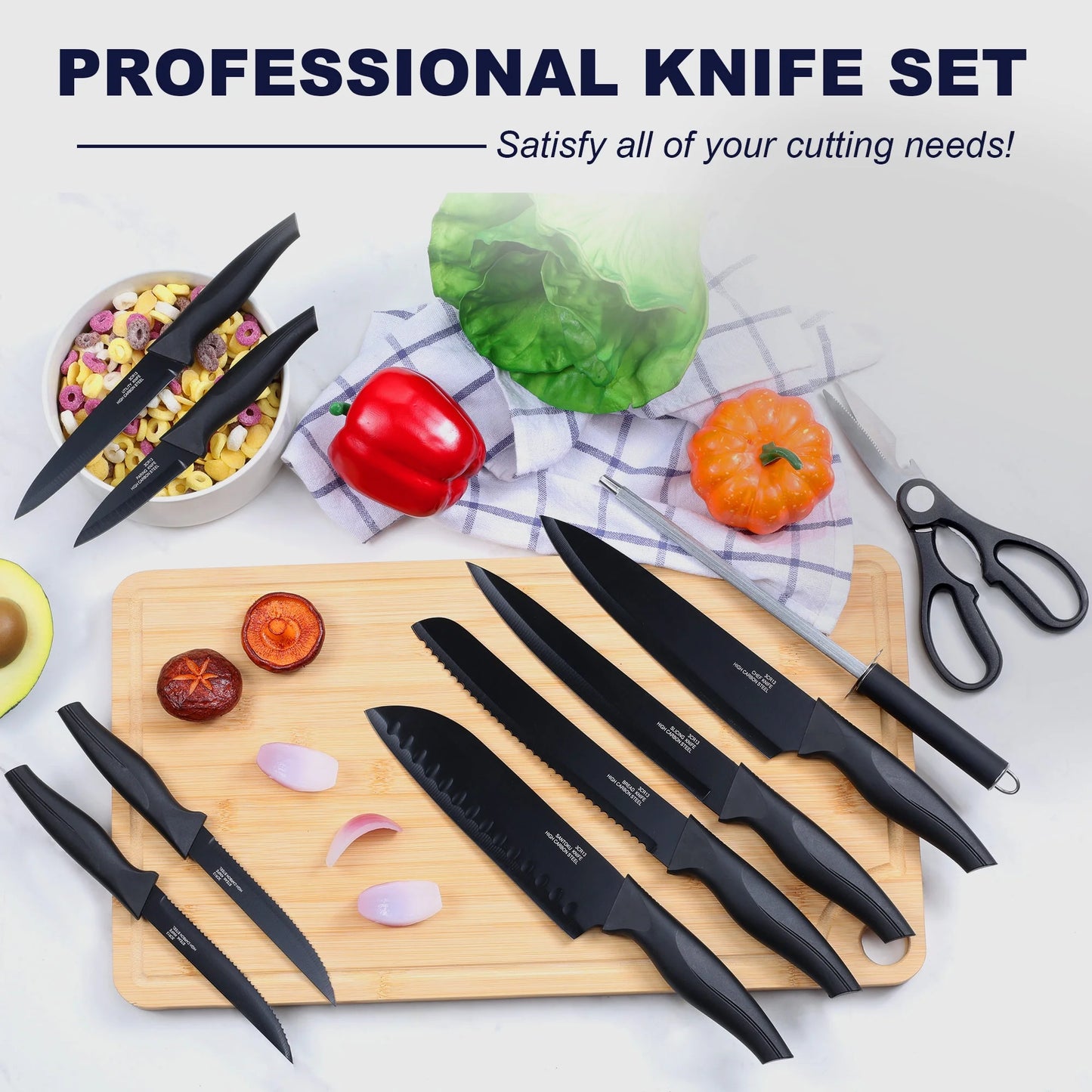 15-Piece High Carbon Stainless Steel Kitchen Knife Set with Self-Sharpening Block - Black