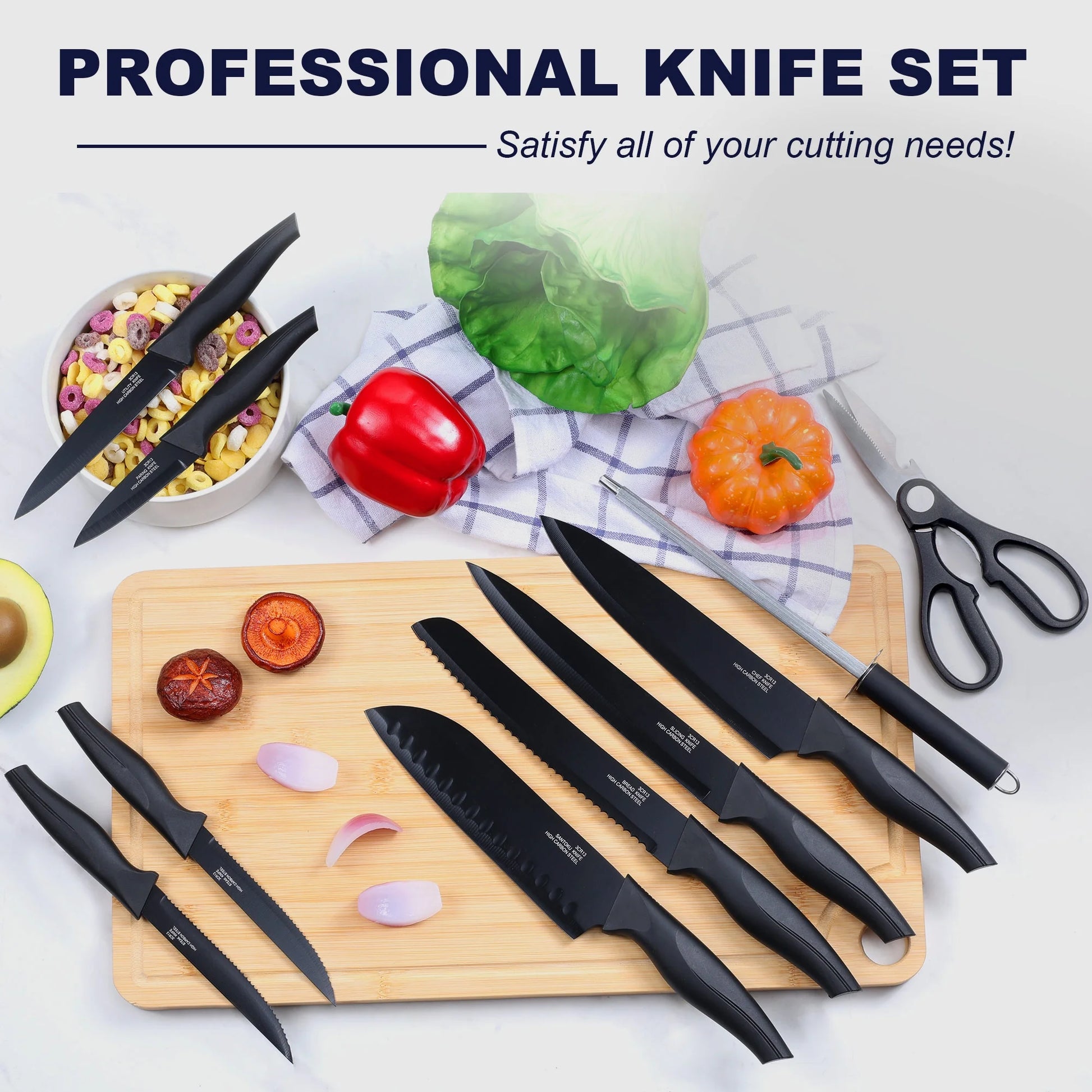 15-Piece High Carbon Stainless Steel Kitchen Knife Set with Self-Sharpening Block - Black