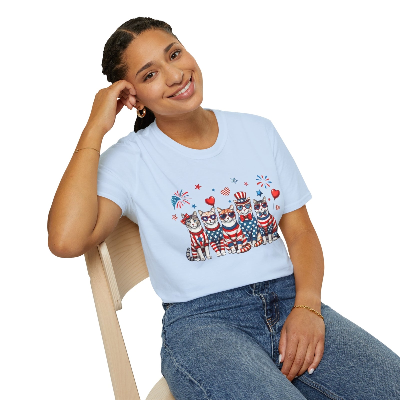 Patriotic Cat Unisex Softstyle T-Shirt for Fourth of July Celebrations