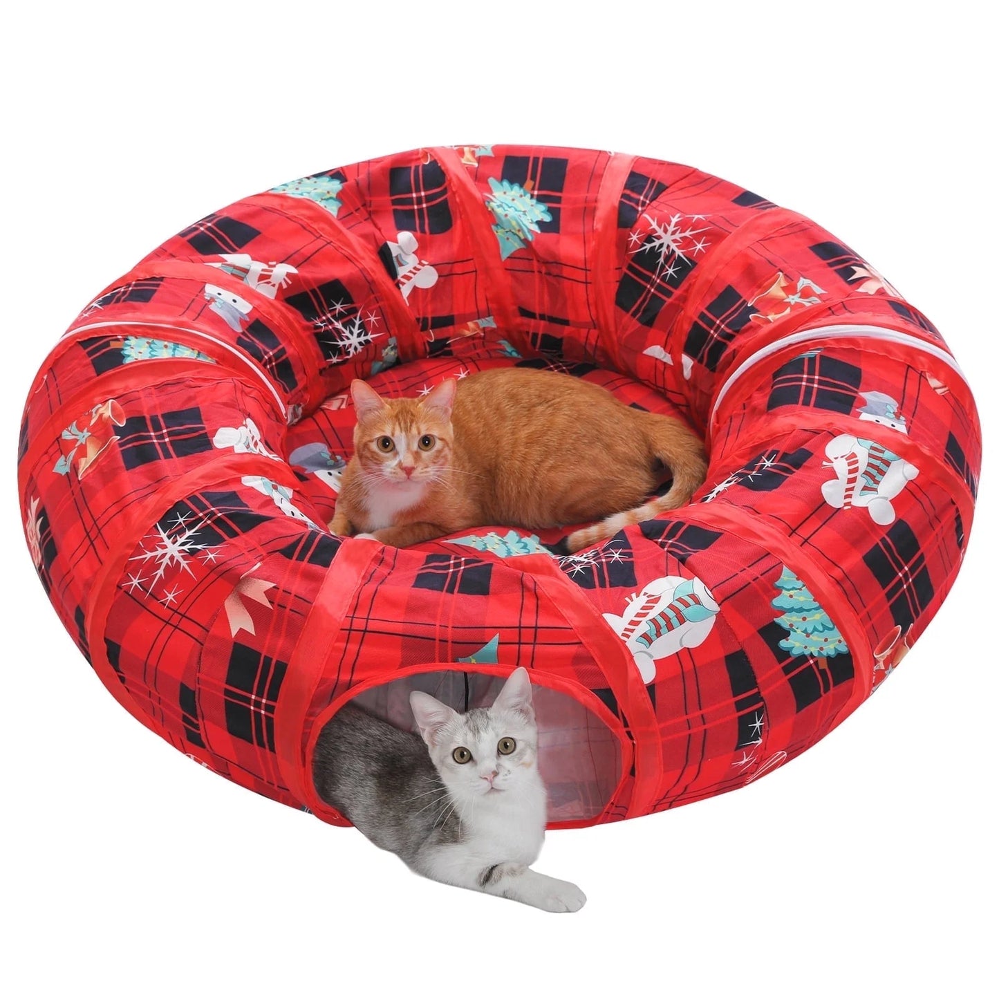 38-Inch Cat Tunnel Bed with Soft Mat - Festive Red Christmas Cat Toy for Indoor Cats
